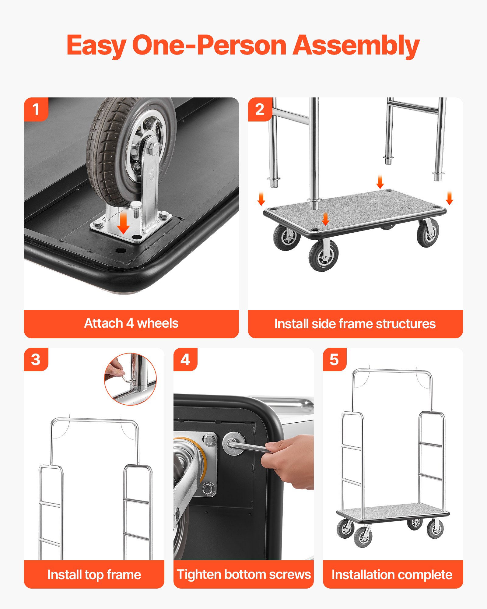 VEVOR Carro de Equipaje para Hotel, Acabado en Acero Inoxidable Cepillado, Carga de 544 kg, Carrito de Botones con Plataforma Alfombrada Gris y Ruedas de Goma, para Hoteles, Condominios, Plateado