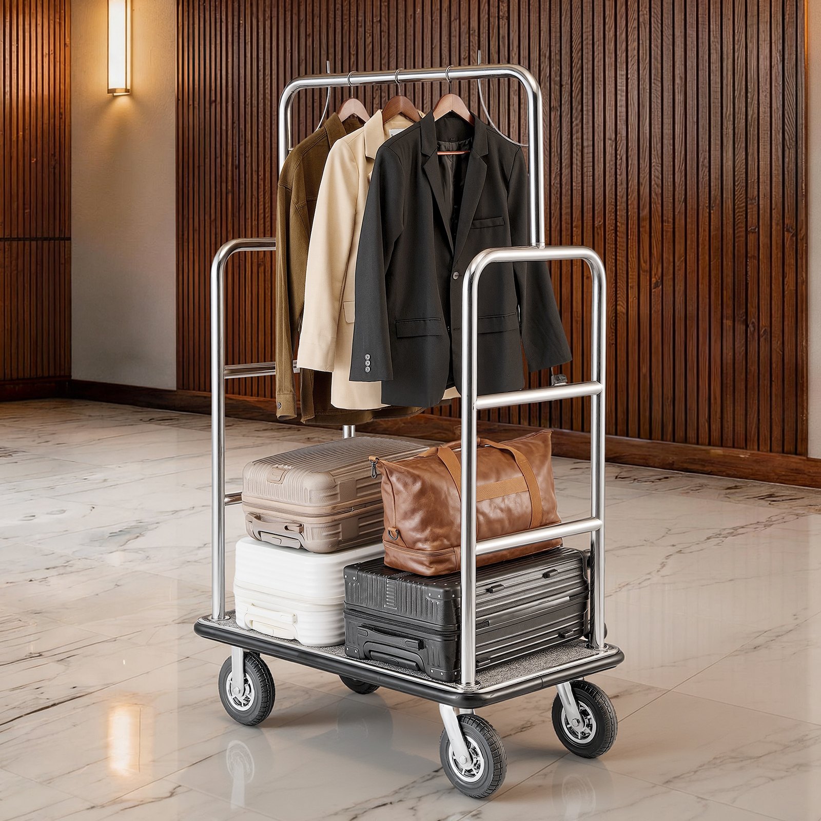 VEVOR Carro de Equipaje para Hotel, Acabado en Acero Inoxidable Cepillado, Carga de 544 kg, Carrito de Botones con Plataforma Alfombrada Gris y Ruedas de Goma, para Hoteles, Condominios, Plateado