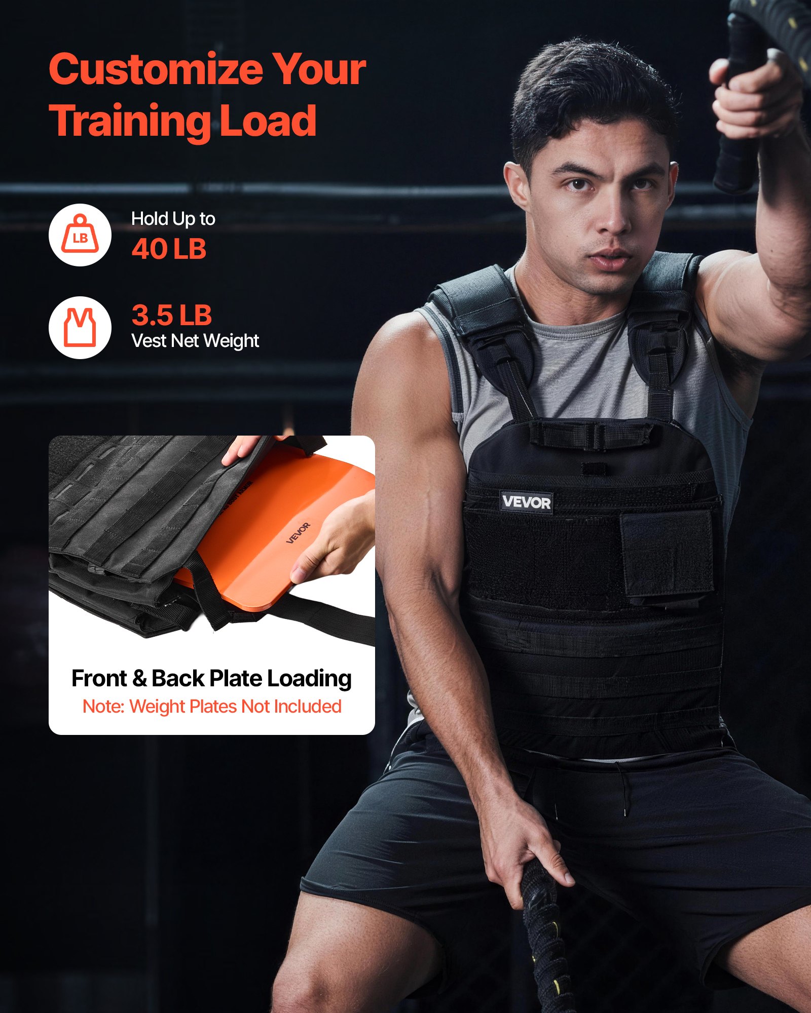 VEVOR Chaleco Lastrado de 1,6 kg, Chaleco Ponderado con Hombrera y Franja Reflectante, Soporta hasta 18 kg con Discos No Incluidos, para Entrenamiento de Fuerza, Correr, Fitness, Desarrollo Muscular