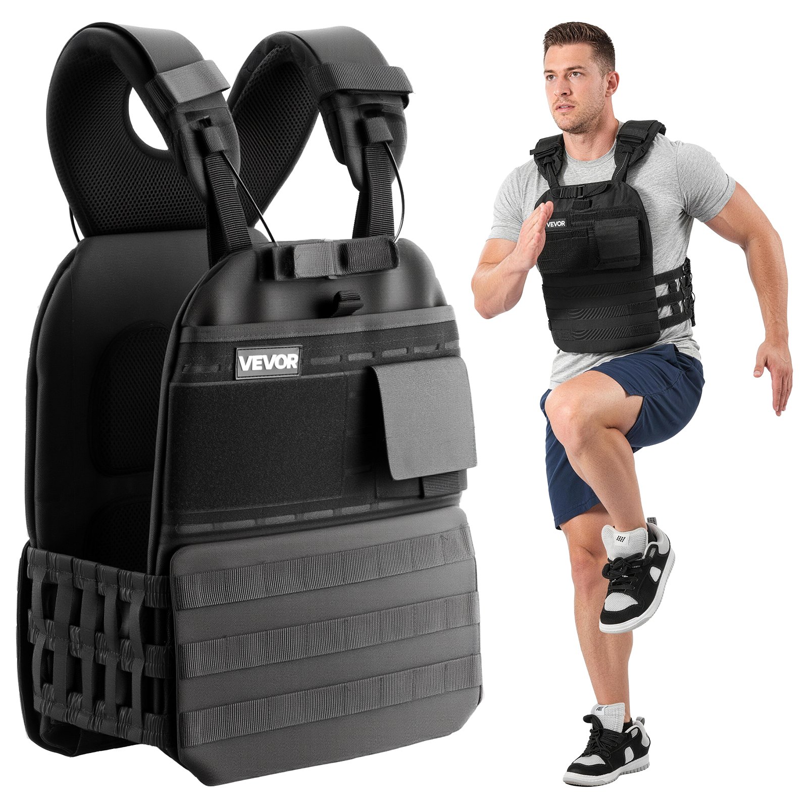 VEVOR Chaleco Lastrado de 1,6 kg, Chaleco Ponderado con Hombrera y Franja Reflectante, Soporta hasta 18 kg con Discos No Incluidos, para Entrenamiento de Fuerza, Correr, Fitness, Desarrollo Muscular