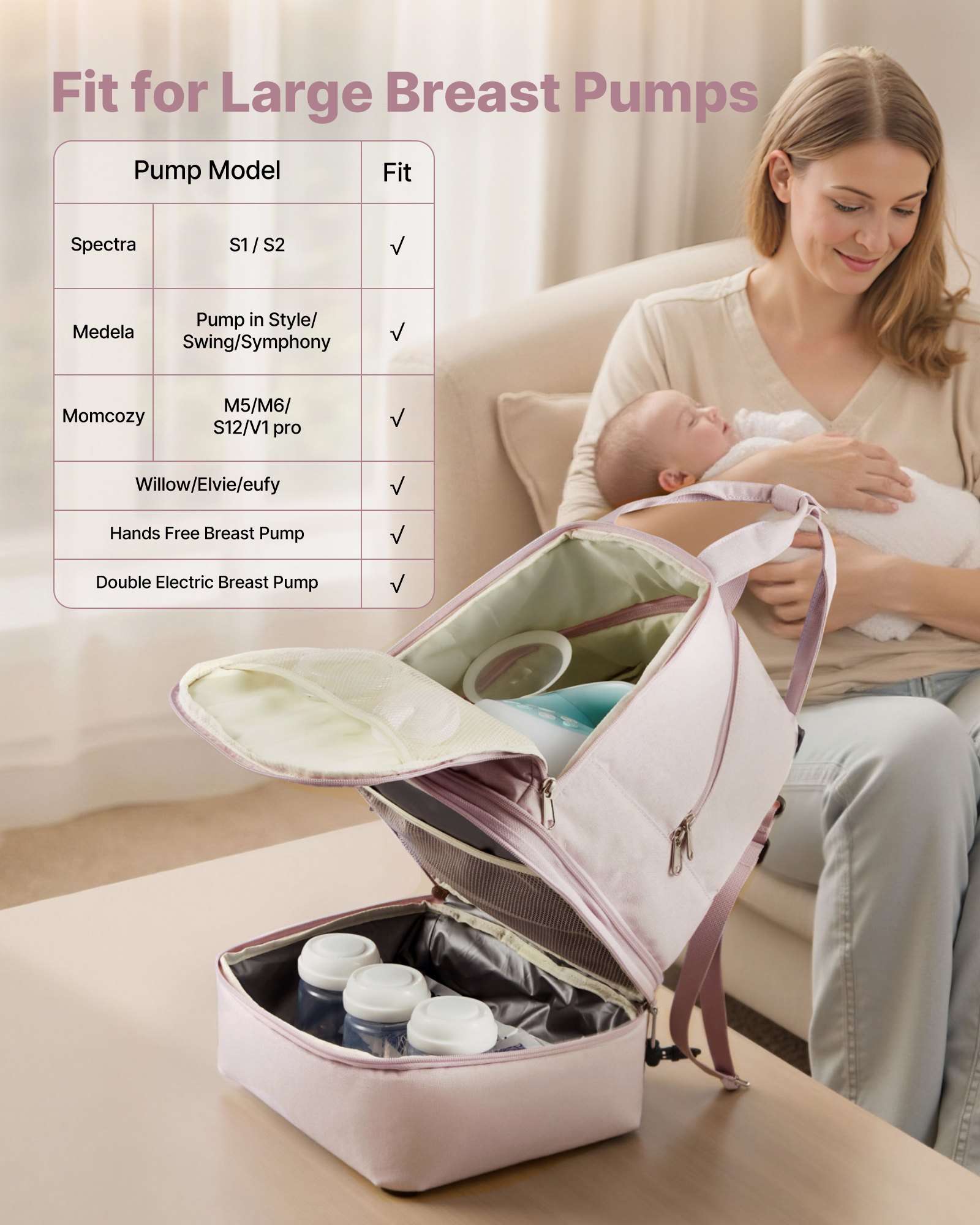 VEVOR Mochila para Sacaleches Portátil, 270 x 240 x 340 mm, con Bolsa de Hielo y 8 Compartimentos, Compatible con S1/S2, Accesorios de Extracción y Almacenamiento de Leche Materna, Rosa Claro