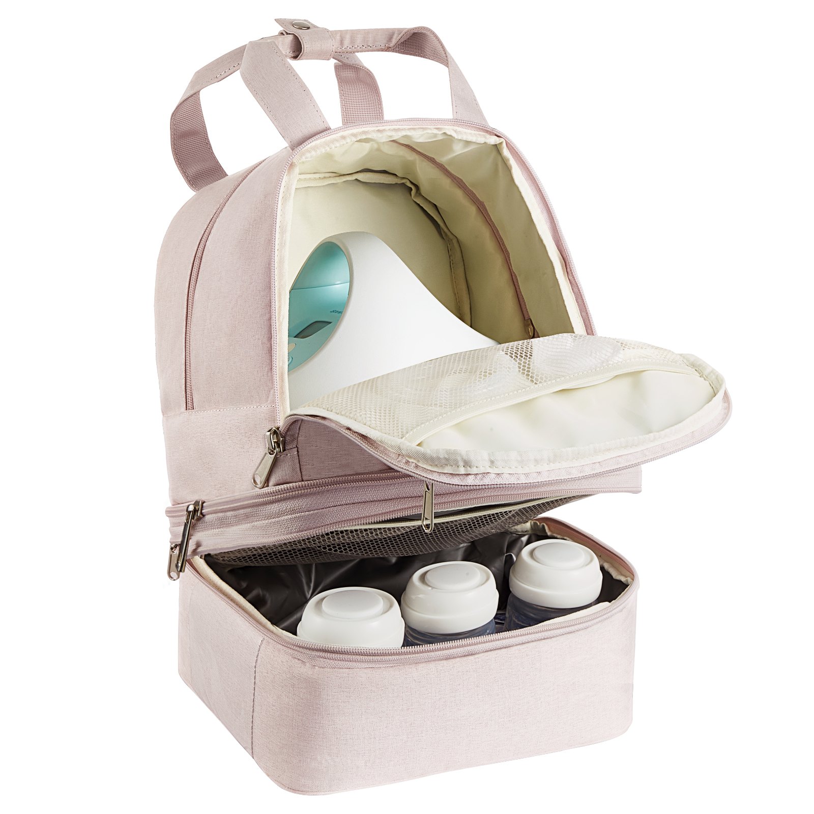 VEVOR Mochila para Sacaleches Portátil, 270 x 240 x 340 mm, con Bolsa de Hielo y 8 Compartimentos, Compatible con S1/S2, Accesorios de Extracción y Almacenamiento de Leche Materna, Rosa Claro