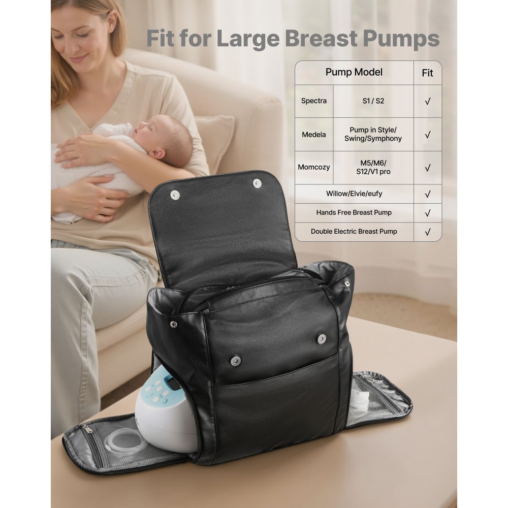 VEVOR Mochila para Sacaleches, 320 x 200 x 340 mm, con Bolsa de Hielo, Accesorios de Extracción y Almacenamiento de Leche Materna, para el Trabajo, Viajes y Uso Familiar, Carga 4 Biberones, Negro