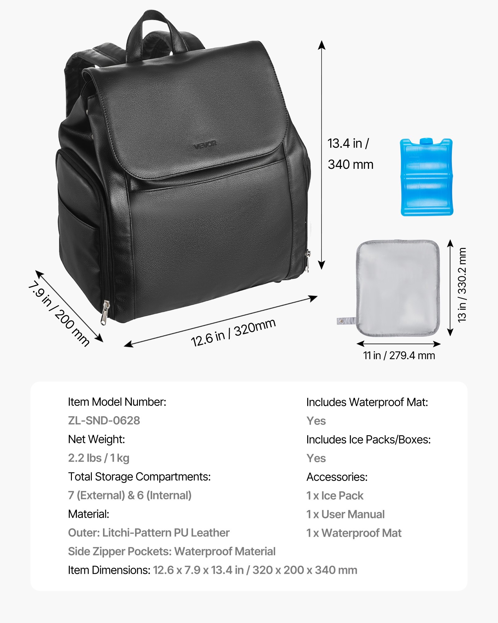 VEVOR Mochila para Sacaleches, 320 x 200 x 340 mm, con Bolsa de Hielo, Accesorios de Extracción y Almacenamiento de Leche Materna, para el Trabajo, Viajes y Uso Familiar, Carga 4 Biberones, Negro