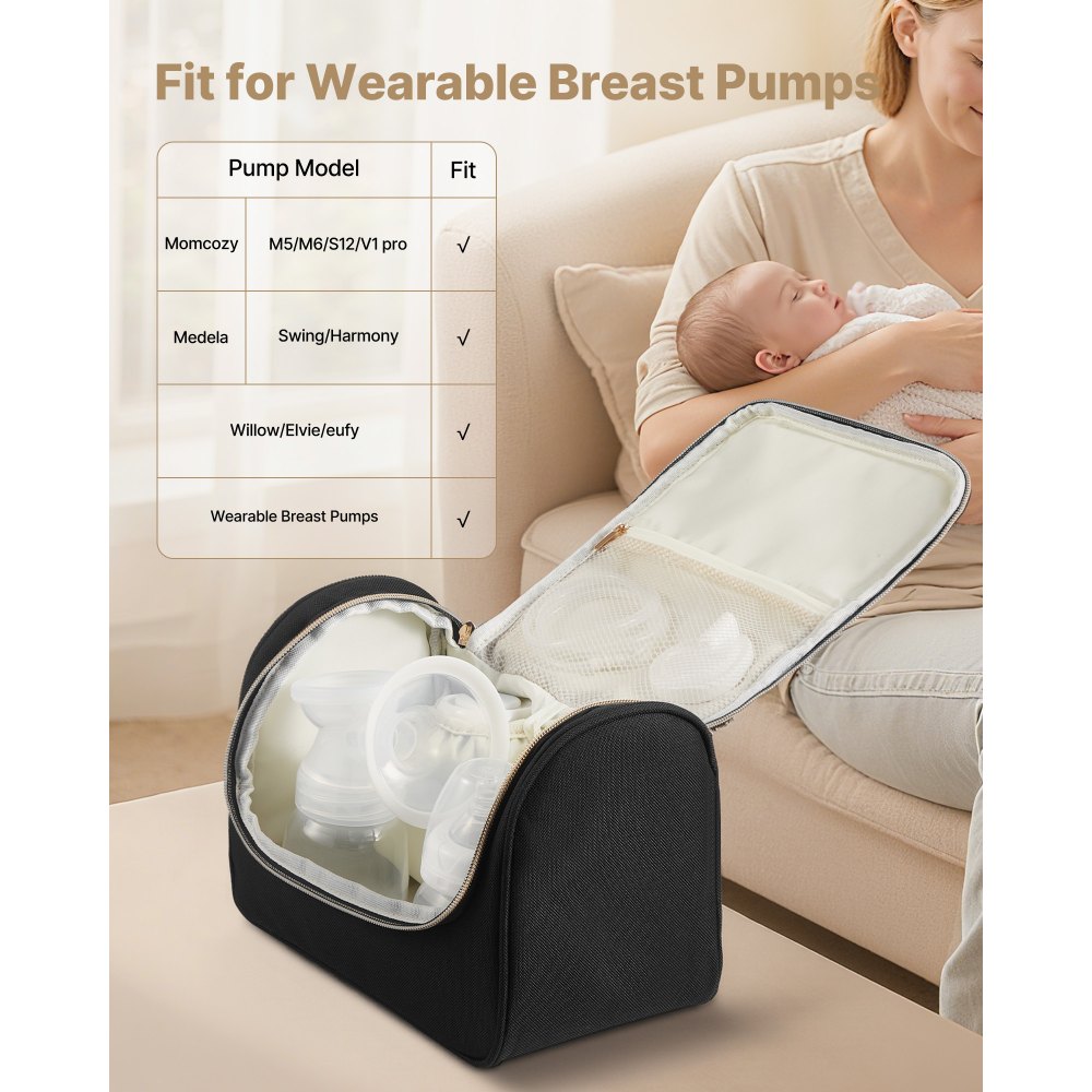 VEVOR Bolsa Portátil a Extractor de Leche, Tapete Impermeable, Compatible con M5/M6, Accesorios de Extracción y Almacenamiento de Leche Materna, para Trabajo y Viajes, Negro, 255 x 150 x 190 mm