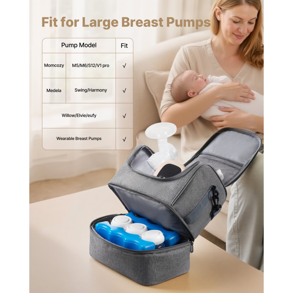 VEVOR Bolsa Portátil para Extractor de Leche, 285 x 190 x 270 mm, con Bolsa de Hielo y 6 Compartimentos, Compatible con S1/S2, Accesorios de Extracción y Almacenamiento de Leche Materna, Gris