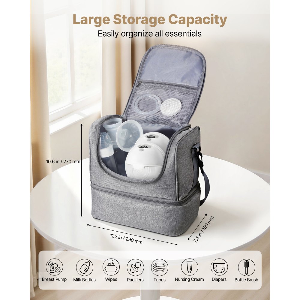 VEVOR Bolsa Portátil para Extractor de Leche, 285 x 190 x 270 mm, con Bolsa de Hielo y 6 Compartimentos, Compatible con S1/S2, Accesorios de Extracción y Almacenamiento de Leche Materna, Gris