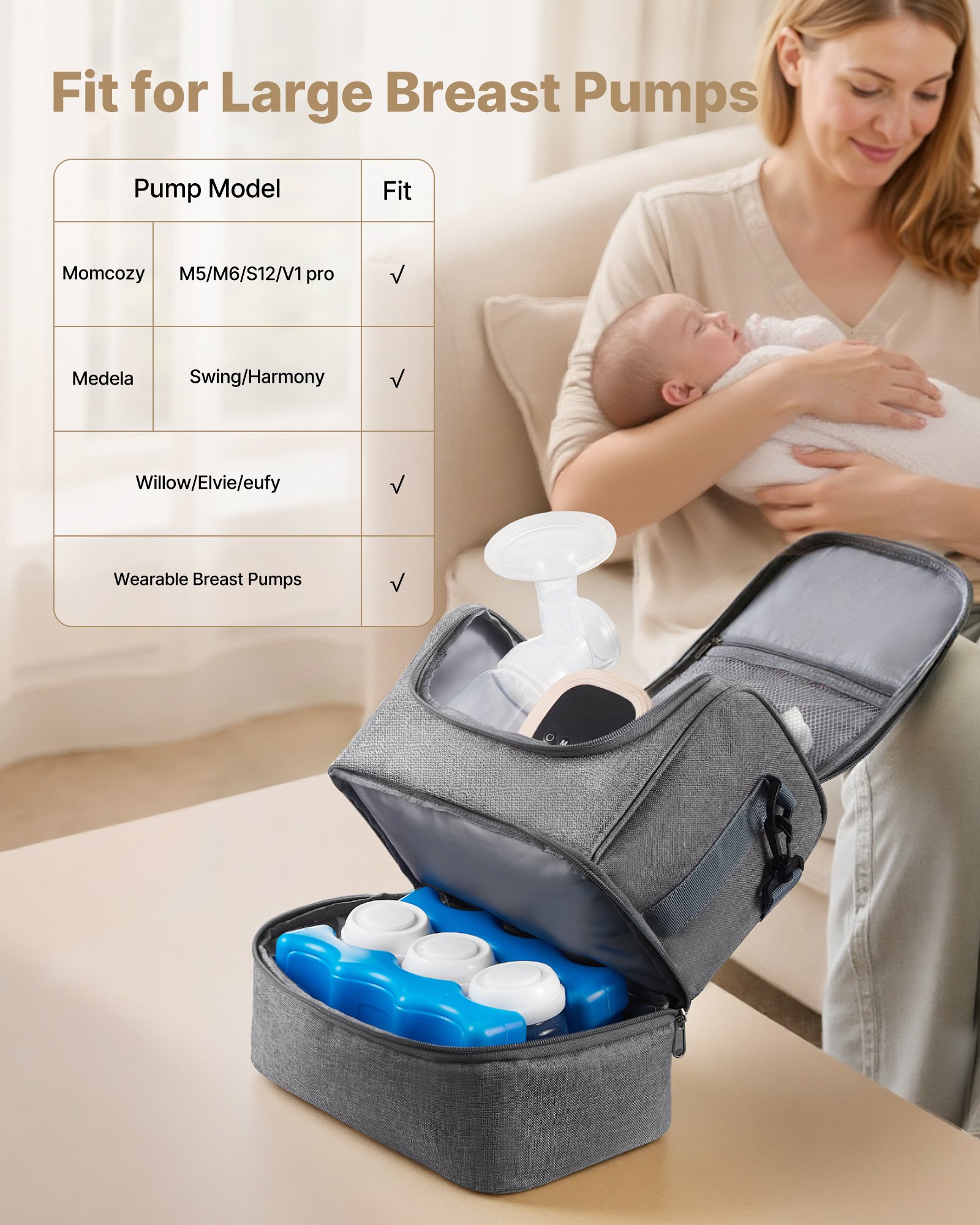 VEVOR Bolsa Portátil para Extractor de Leche, 285 x 190 x 270 mm, con Bolsa de Hielo y 6 Compartimentos, Compatible con S1/S2, Accesorios de Extracción y Almacenamiento de Leche Materna, Gris