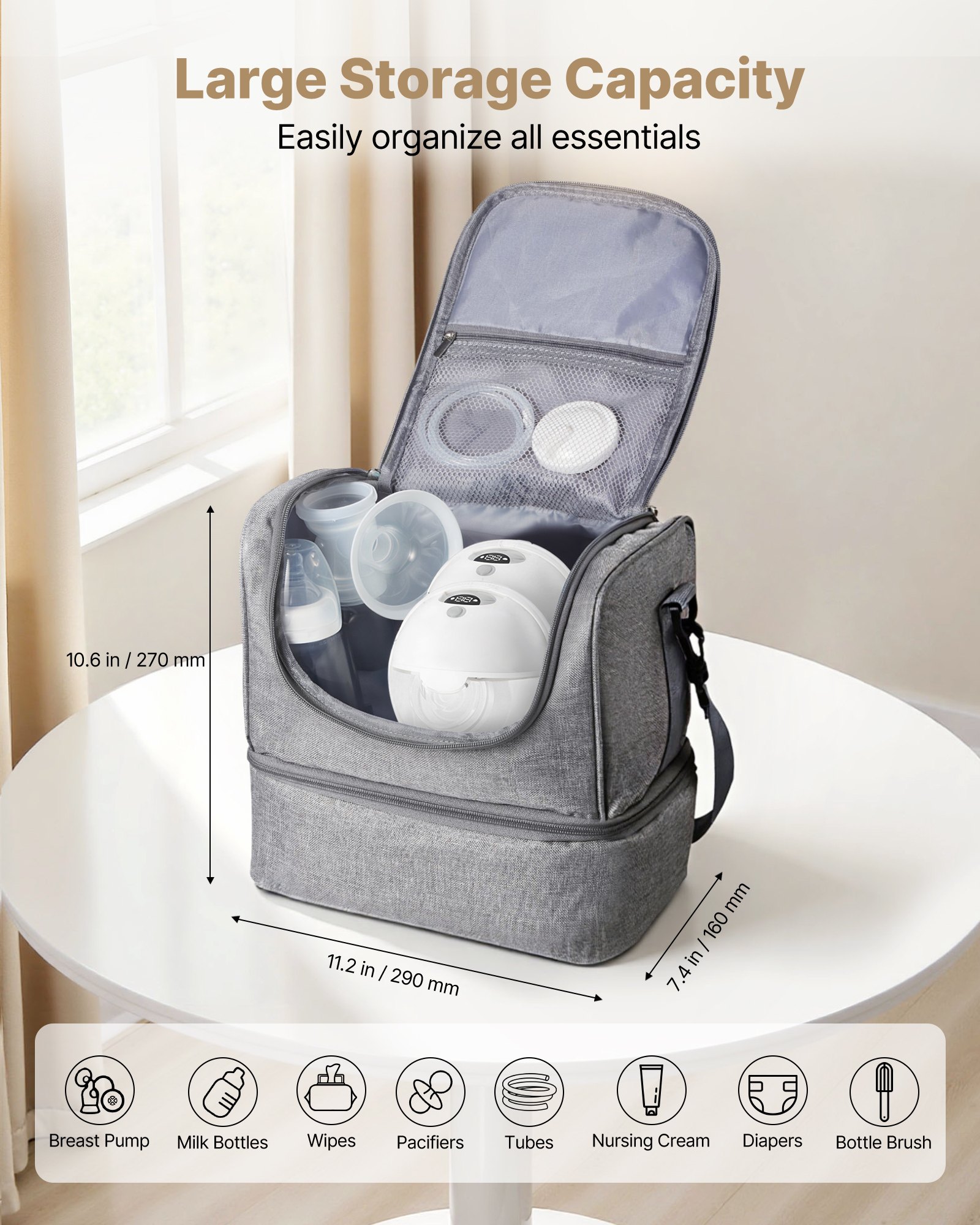 VEVOR Bolsa Portátil para Extractor de Leche, 285 x 190 x 270 mm, con Bolsa de Hielo y 6 Compartimentos, Compatible con S1/S2, Accesorios de Extracción y Almacenamiento de Leche Materna, Gris