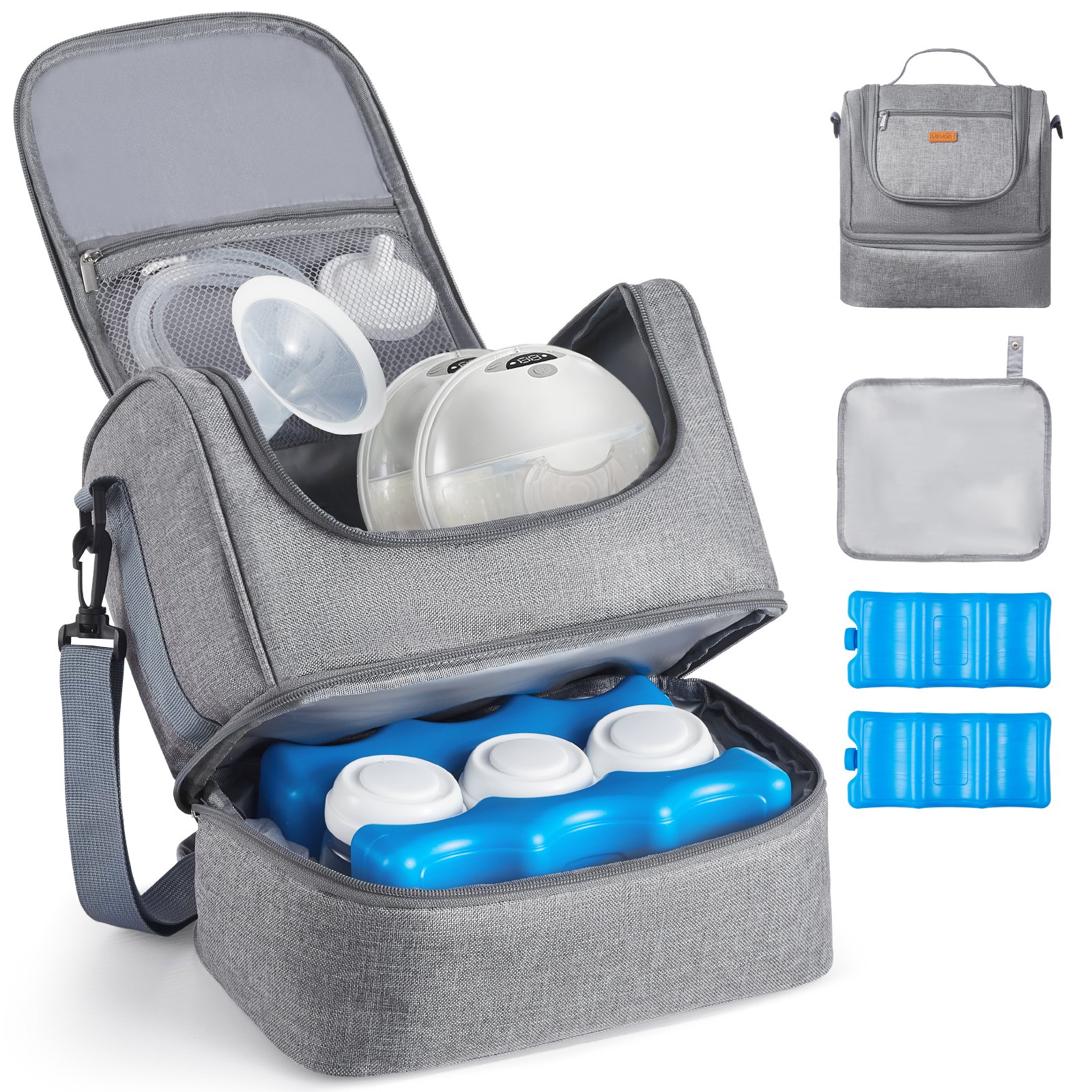 VEVOR Bolsa Portátil para Extractor de Leche, 285 x 190 x 270 mm, con Bolsa de Hielo y 6 Compartimentos, Compatible con S1/S2, Accesorios de Extracción y Almacenamiento de Leche Materna, Gris
