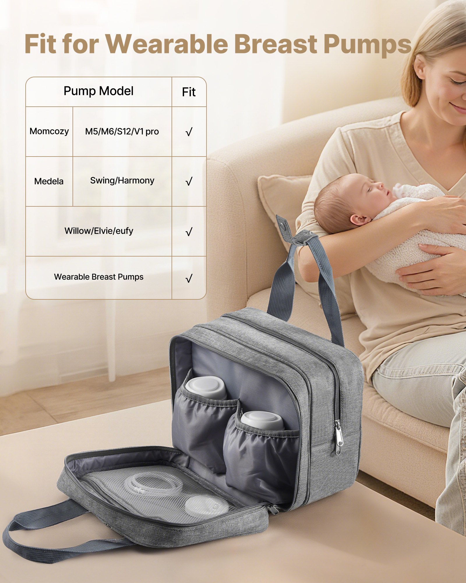 VEVOR Bolsa Portátil para Extractor de Leche, 290 x 160 x 210 mm, con Bolsa de Hielo y 6 Compartimentos, Compatible con M5/M6, Accesorios de Extracción y Almacenamiento de Leche Materna, Gris