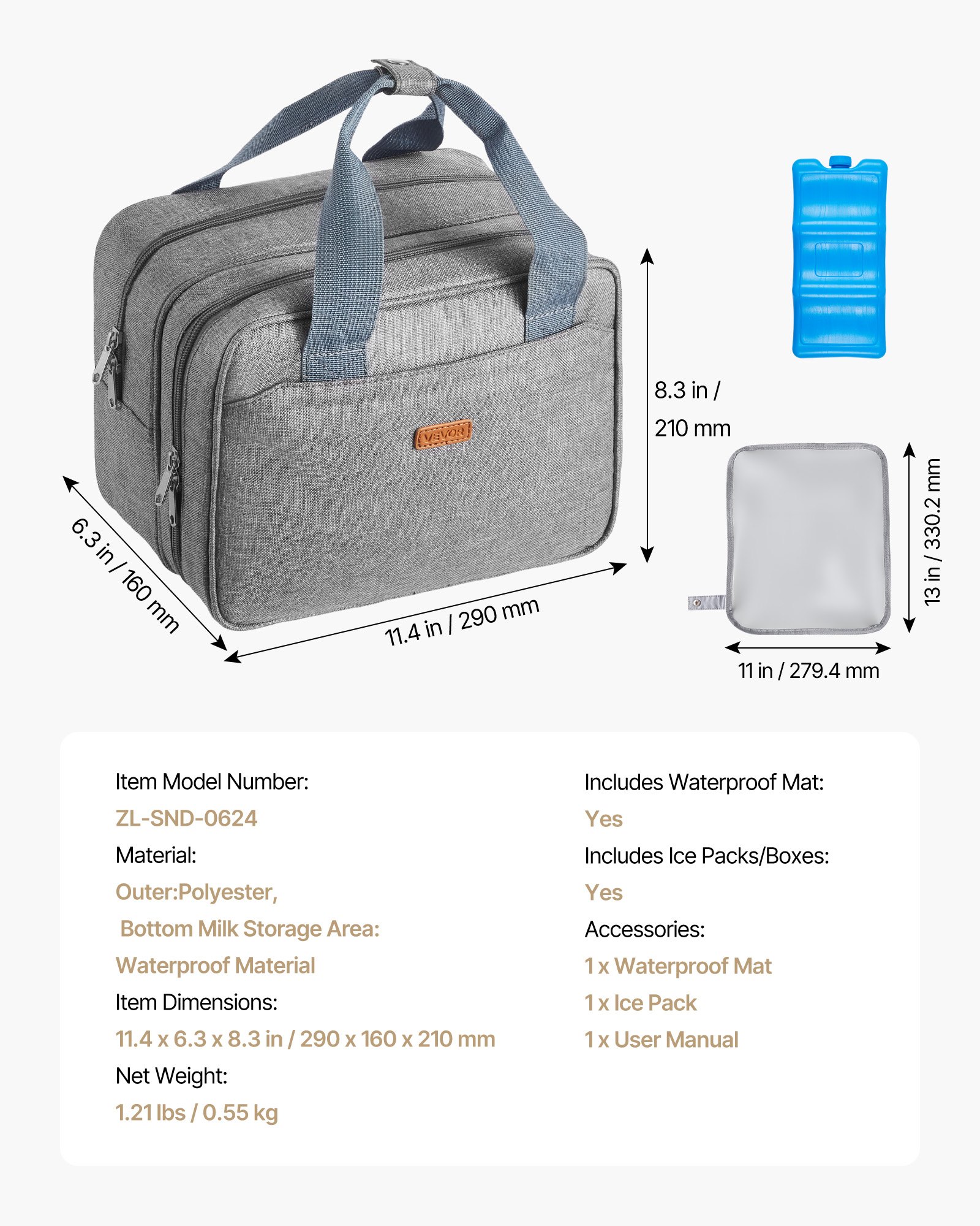 VEVOR Bolsa Portátil para Extractor de Leche, 290 x 160 x 210 mm, con Bolsa de Hielo y 6 Compartimentos, Compatible con M5/M6, Accesorios de Extracción y Almacenamiento de Leche Materna, Gris