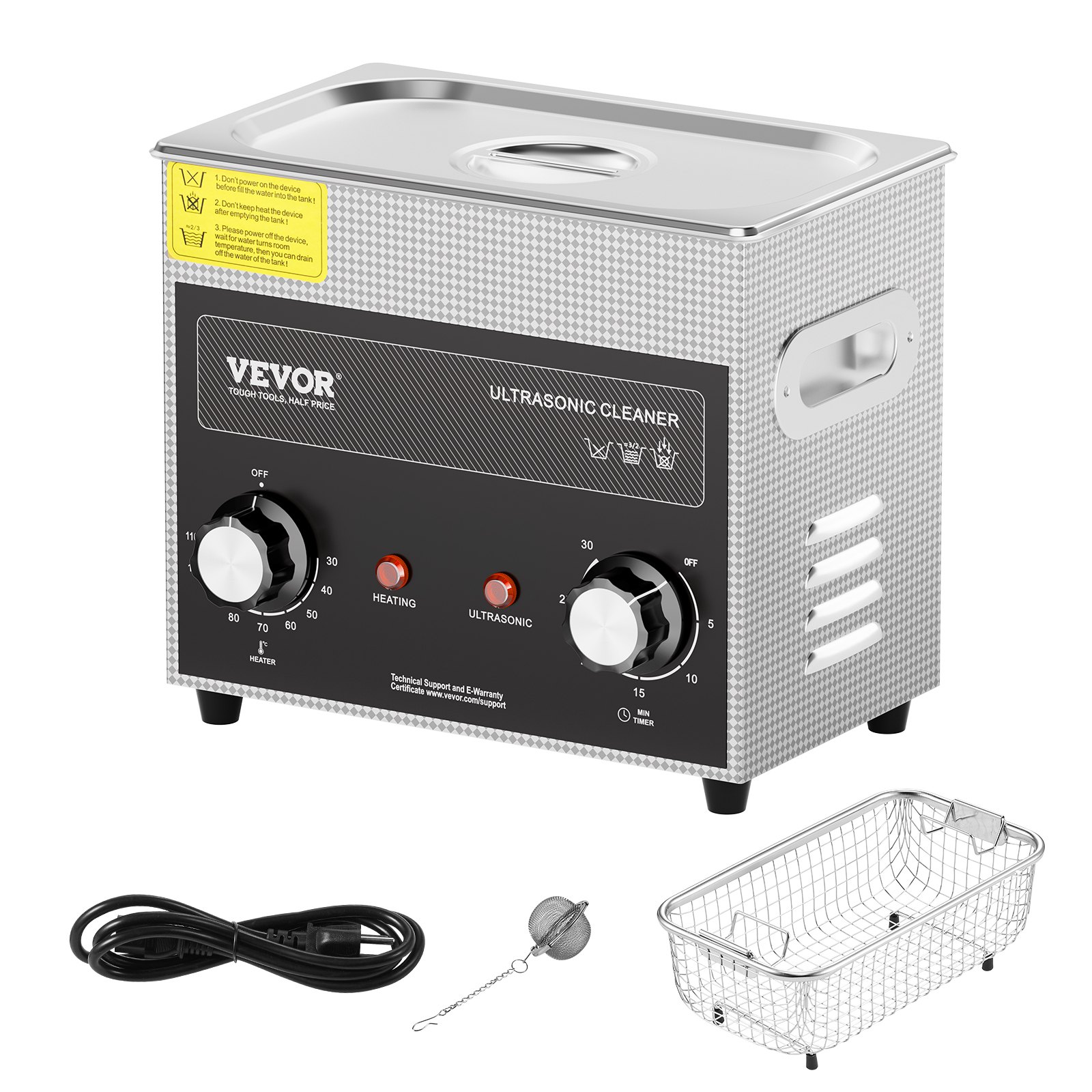 VEVOR 3L Ultrasonic Cleaner with Heating Timer and Basket, Professional Digital Sonic Cavitation Machine, 120W Cleaning Machine for Watch Instruments, Glasses, Coins, Metal Parts, Tools, Silver