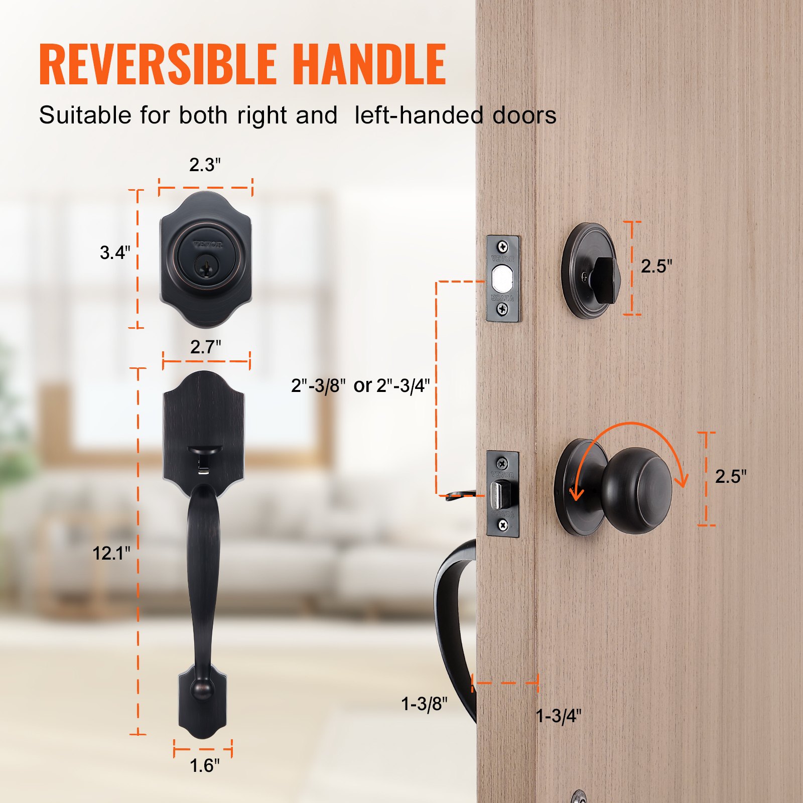 VEVOR front door handle and bolt set, front door lock set with inside knob, adjustable hole spacing, single cylinder handle set, for right- and left-handed entrance and front doors
