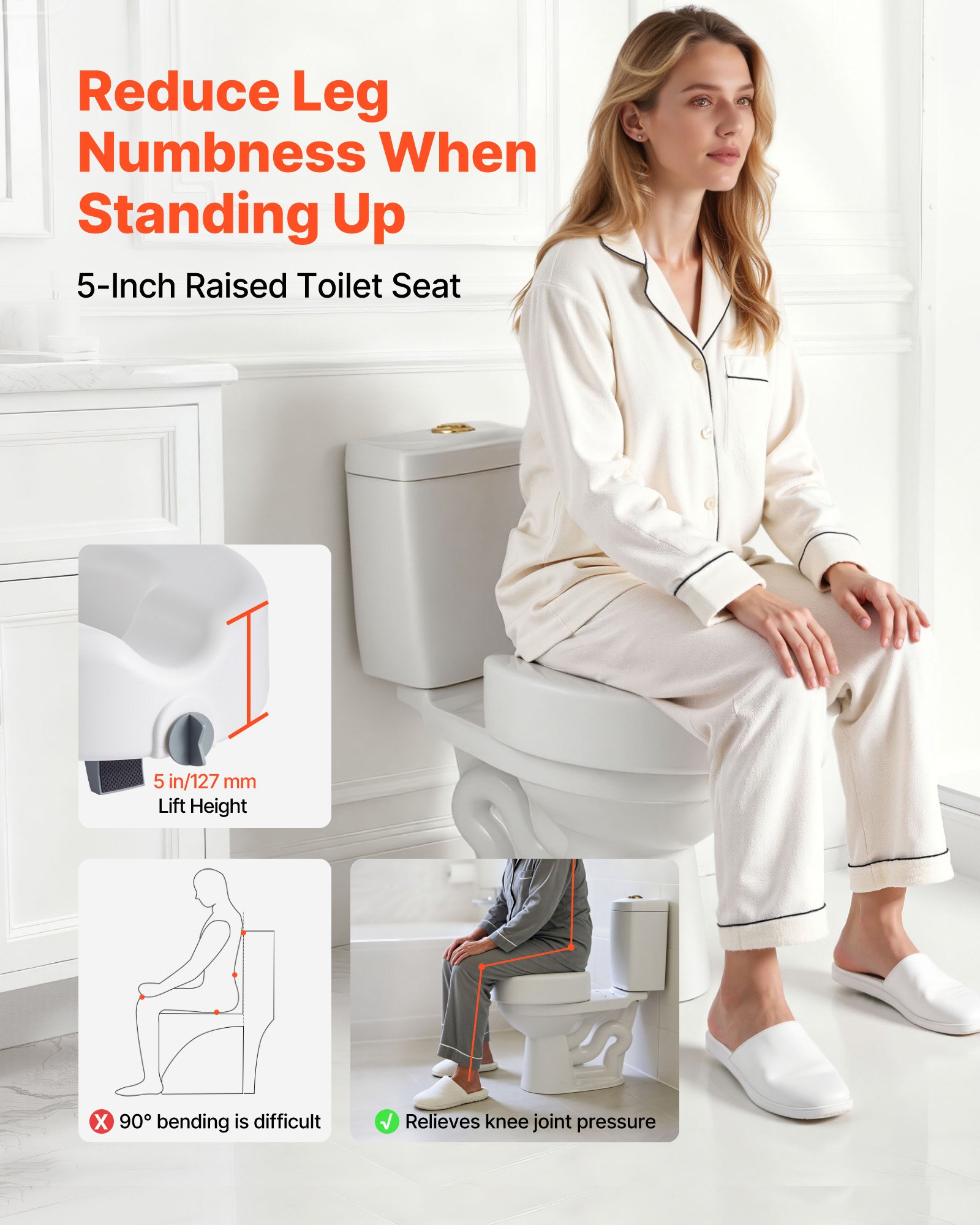 VEVOR Elevador de Asiento de Inodoro, Carga de 158 kg, Altura de Elevación 127 mm, con Apertura Ampliada para Personas Mayores y Pacientes, Tazas Oblongas y Redondas, 424 x 416 x 180 mm, Blanco