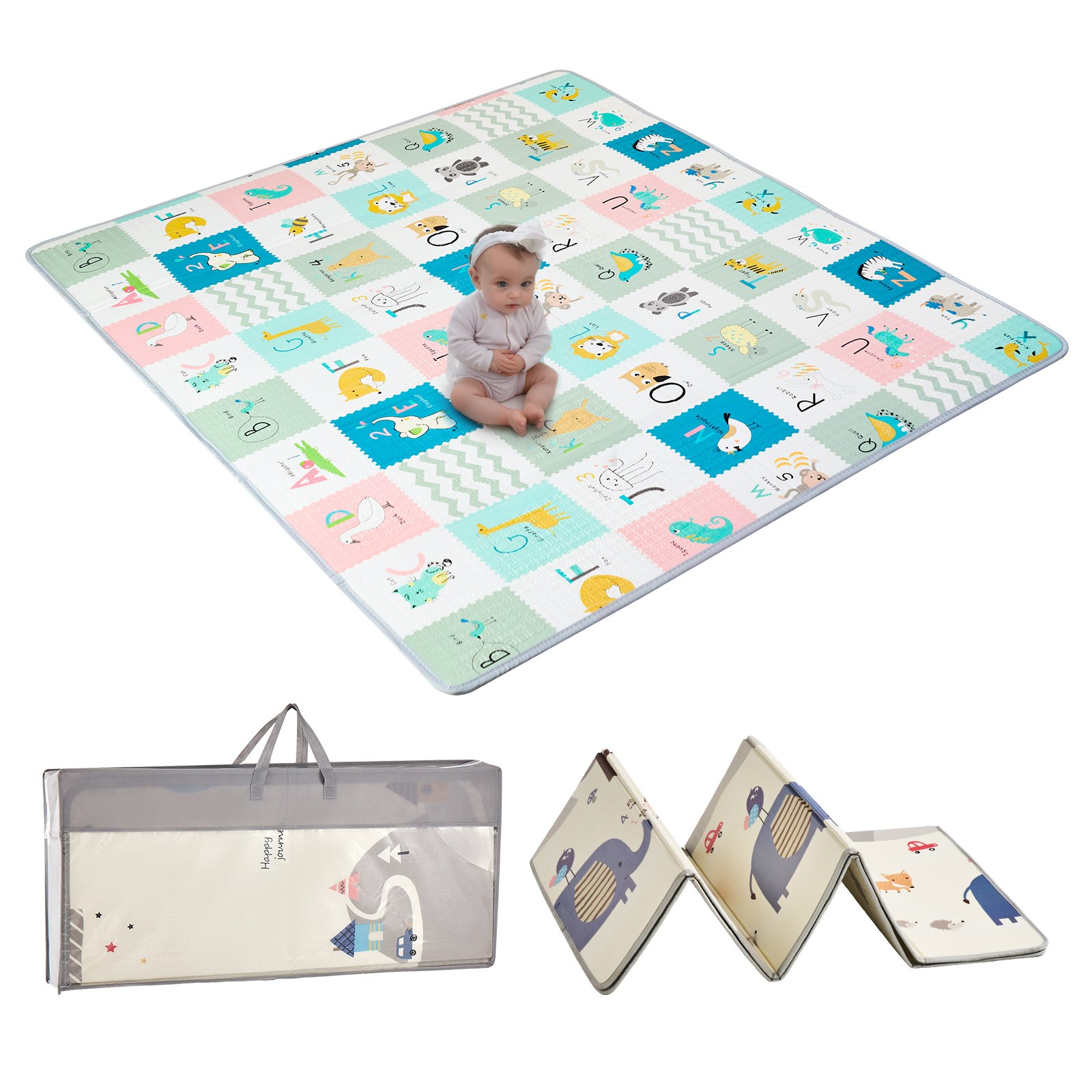 VEVOR - Alfombrilla de juego para bebé, 180 x 200 cm, extragrande, de espuma antideslizante de una sola pieza, plegable y reversible, con bolsa de viaje, impermeable, para actividades de bebés, niños pequeños y bebés