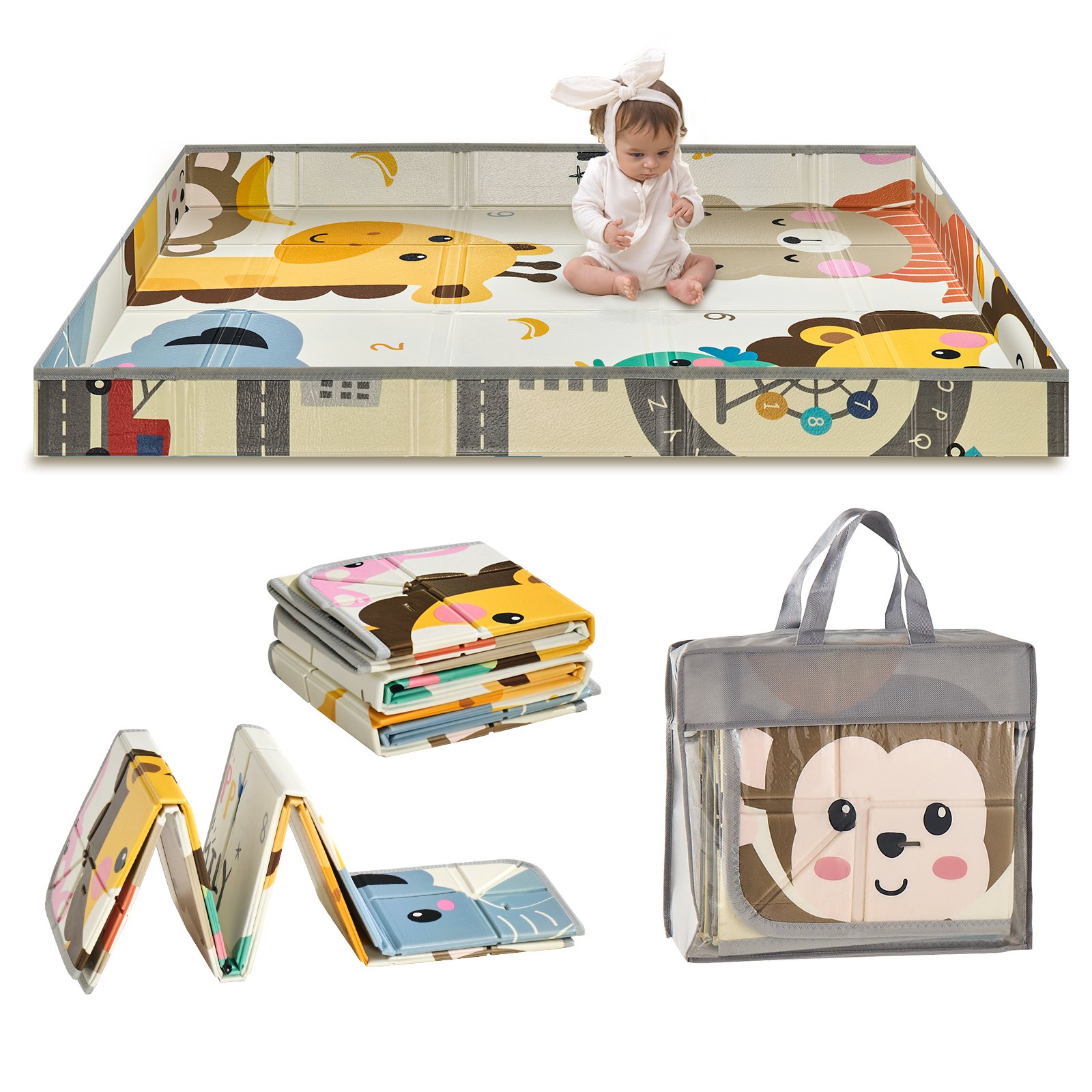VEVOR - Alfombrilla de juego para bebé, 59 x 71 pulgadas, alfombrilla para gatear de espuma de una pieza antideslizante, alfombrilla de suelo plegable, portátil y reversible con bolsa de viaje, alfombrillas de juego impermeables para bebés, niños pequeños y bebés