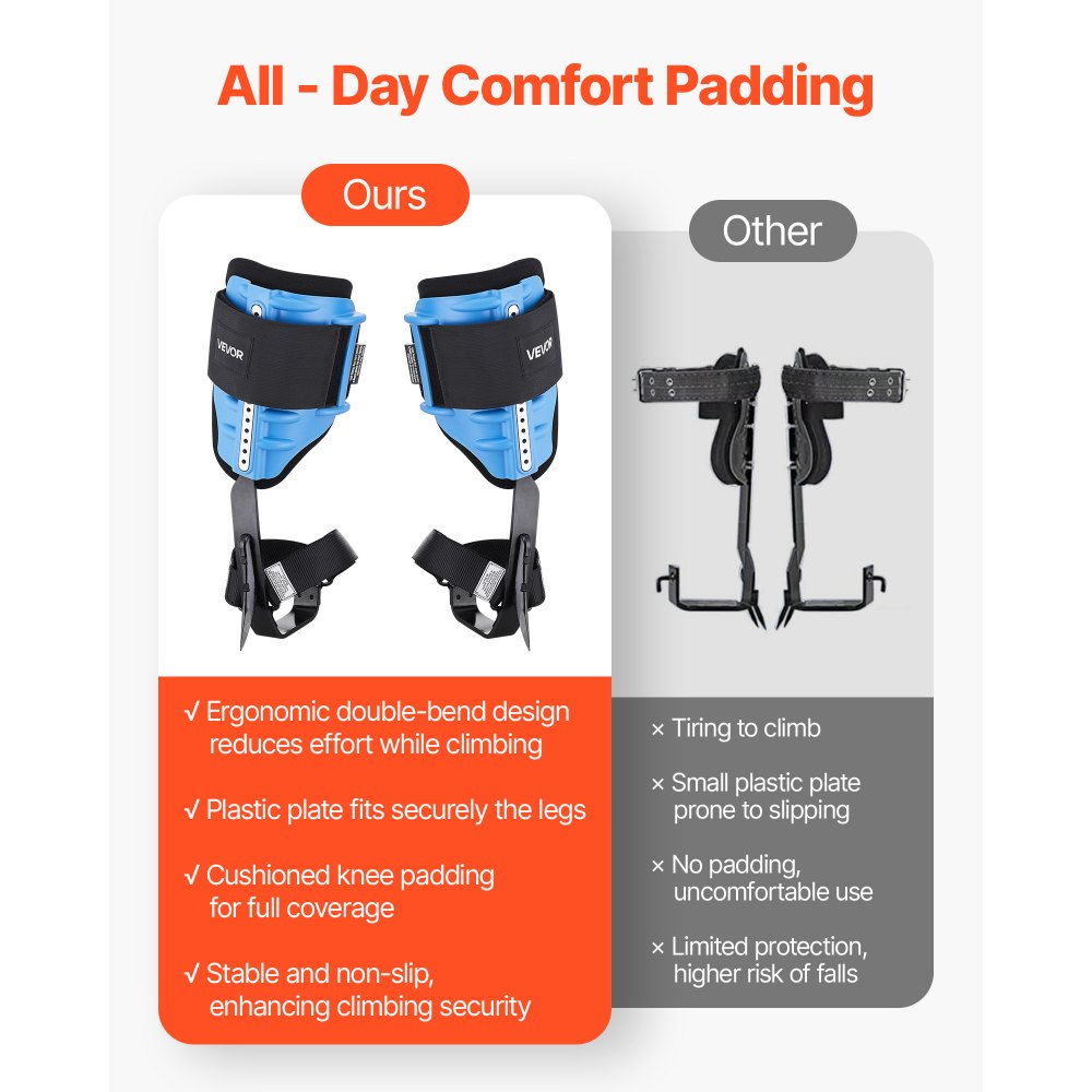 VEVOR Espuelas para Trepar Árboles, Escalada Ajustable en Altura, con Correas y Almohadilla Acolchada, Carga de 159 kg, Acero de Alta Resistencia, para Recolección de Fruta y Caza, Azul Cielo
