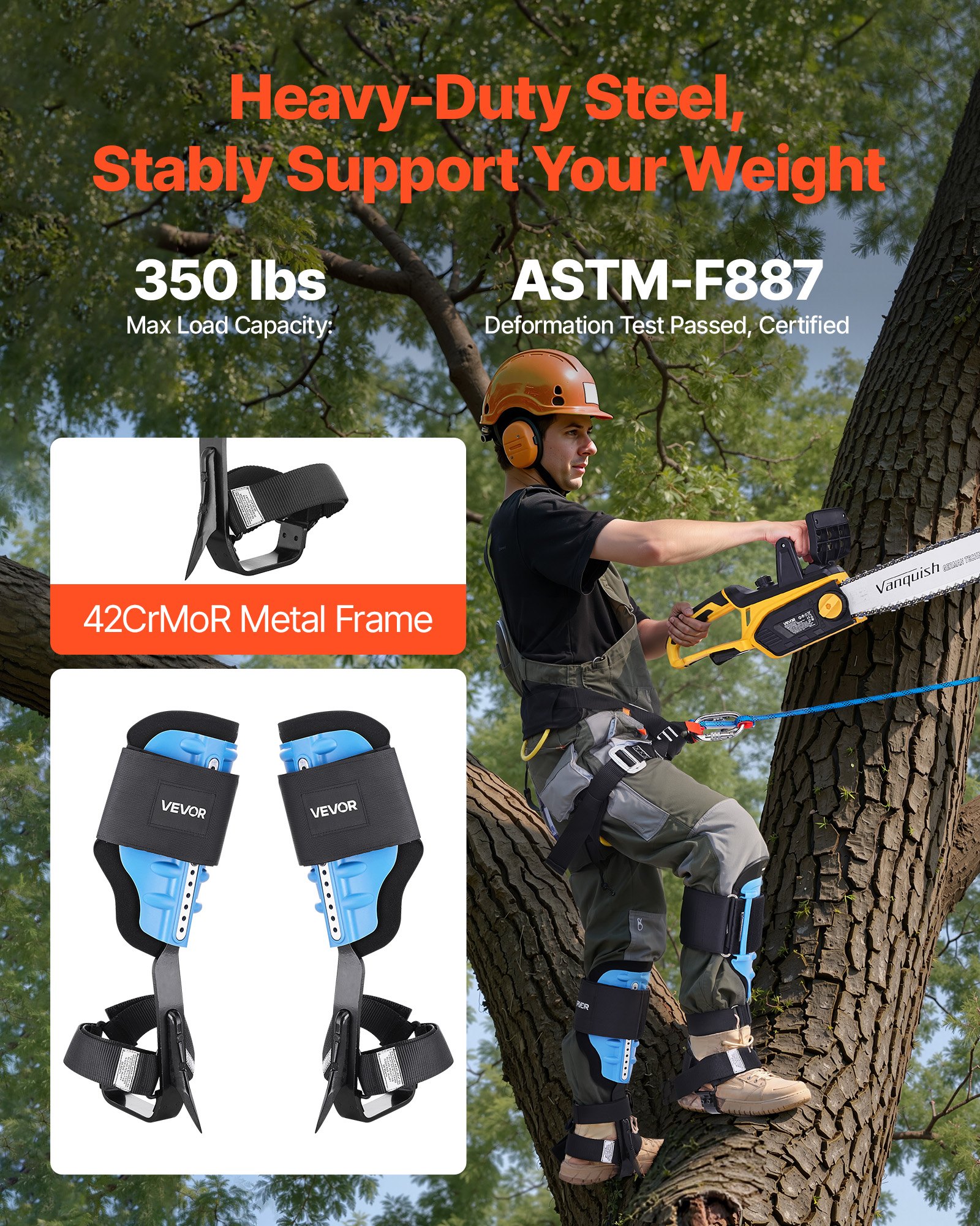 VEVOR Espuelas para Trepar Árboles, Escalada Ajustable en Altura, con Correas y Almohadilla Acolchada, Carga de 159 kg, Acero de Alta Resistencia, para Recolección de Fruta y Caza, Azul Cielo