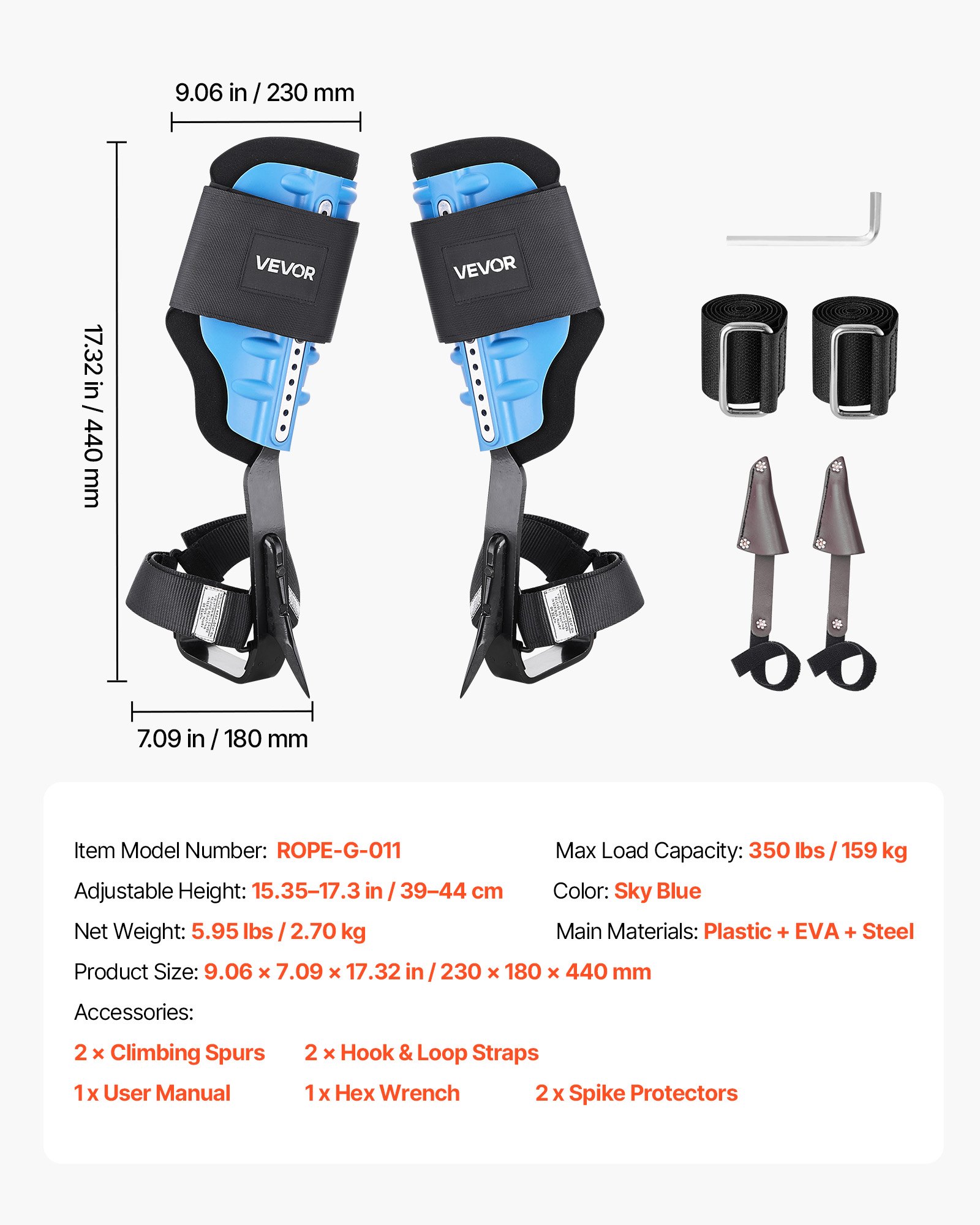 VEVOR Espuelas para Trepar Árboles, Escalada Ajustable en Altura, con Correas y Almohadilla Acolchada, Carga de 159 kg, Acero de Alta Resistencia, para Recolección de Fruta y Caza, Azul Cielo