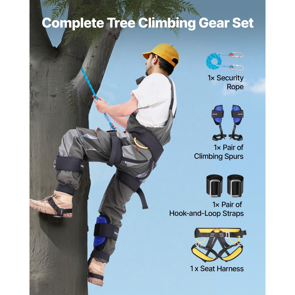 VEVOR Juego de Espuelas para Trepar Árboles, Escalada Ajustable en Altura, con Correas y Arnés, Carga de 159 kg, Espuelas de Acero de Alta Resistencia, para Recolección de Fruta y Caza, Azul