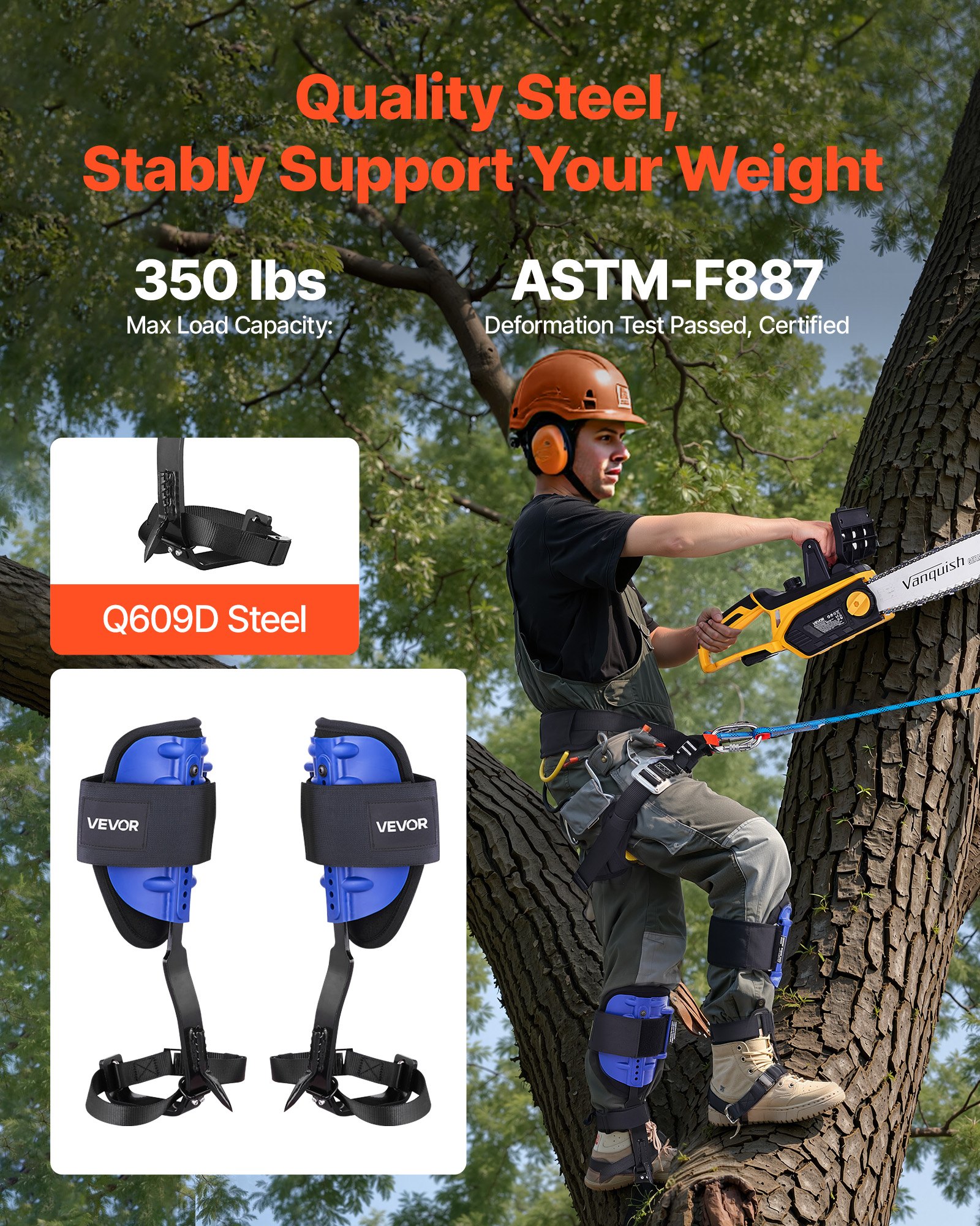 VEVOR Juego de Espuelas para Trepar Árboles, Escalada Ajustable en Altura, con Correas y Arnés, Carga de 159 kg, Espuelas de Acero de Alta Resistencia, para Recolección de Fruta y Caza, Azul