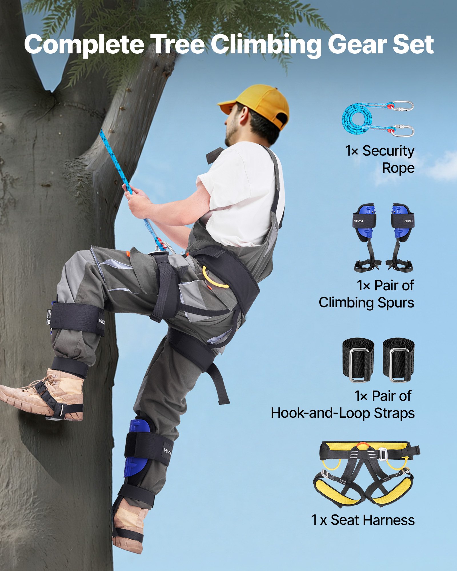 VEVOR Juego de Espuelas para Trepar Árboles, Escalada Ajustable en Altura, con Correas y Arnés, Carga de 159 kg, Espuelas de Acero de Alta Resistencia, para Recolección de Fruta y Caza, Azul