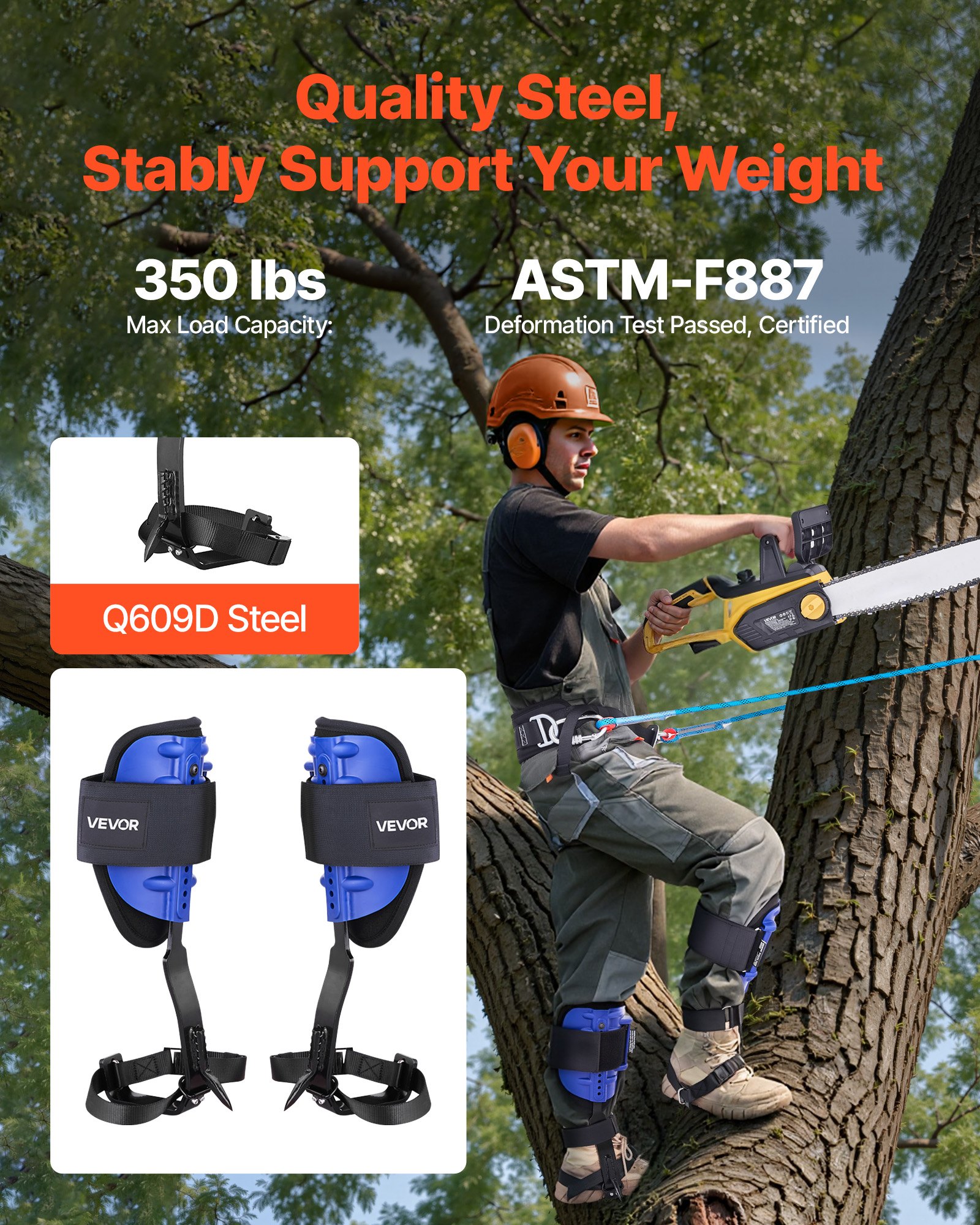 VEVOR Juego de Espuelas para Trepar Árboles, Escalada Ajustable en Altura, con Correas y Arnés de Cintura, Carga Máxima 159 kg, para Recolección de Fruta y Caza, 175 x 165 x 430 mm, Color Azul