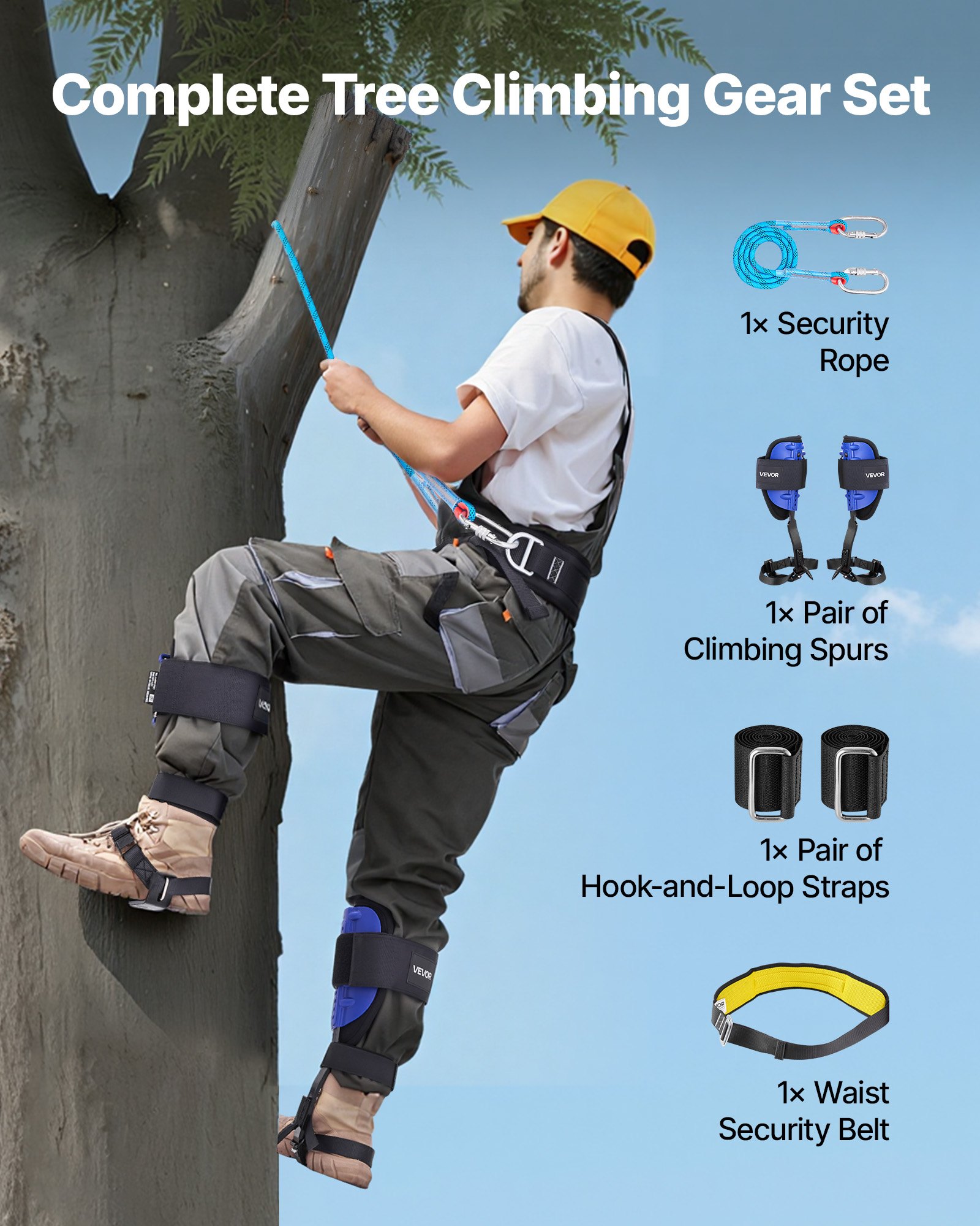 VEVOR Juego de Espuelas para Trepar Árboles, Escalada Ajustable en Altura, con Correas y Arnés de Cintura, Carga Máxima 159 kg, para Recolección de Fruta y Caza, 175 x 165 x 430 mm, Color Azul