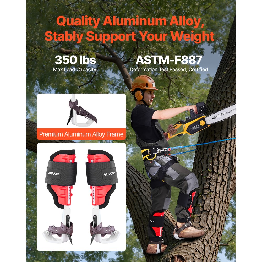 VEVOR Juego de Espuelas para Trepar Árboles, Escalada Ajustable en Altura, con Correas y Protectores de Espuelas, Carga 159 kg, Aluminio Duraderas, para Recolección de Fruta y Caza, Color Rojo