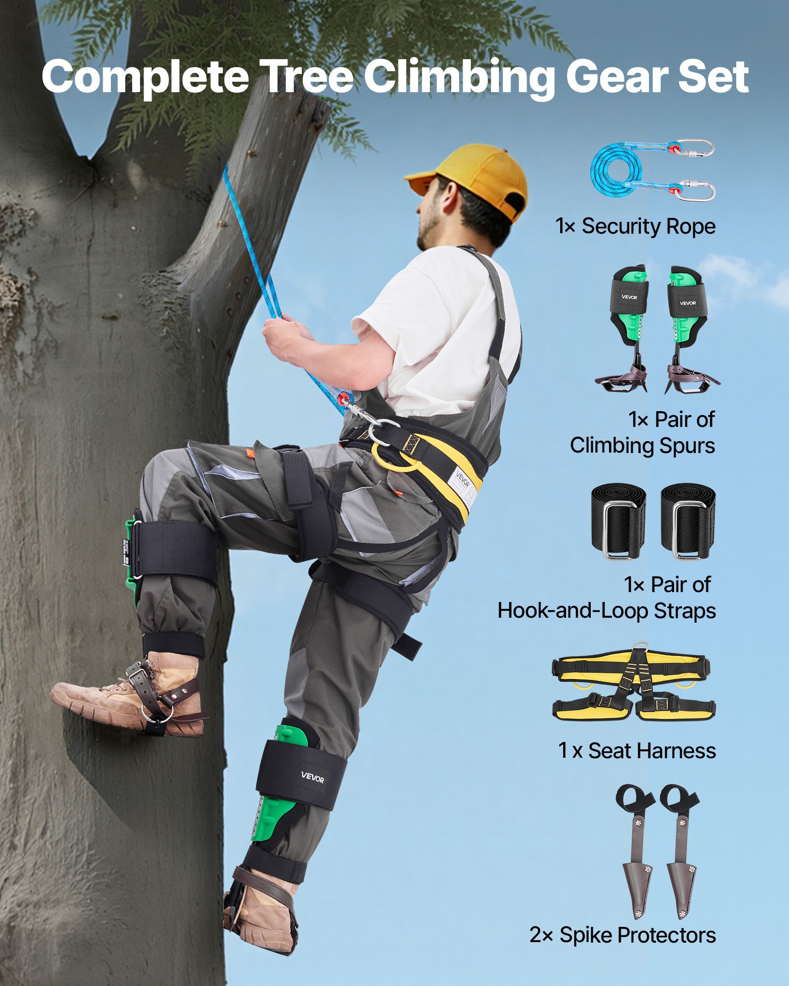 VEVOR Juego de Espuelas para Trepar Árboles, Escalada Ajustable en Altura, con Correas y Protectores de Espuelas, Carga de 159 kg, para Recolección de Fruta y Caza, 230 x 180 x 410 mm, Verde
