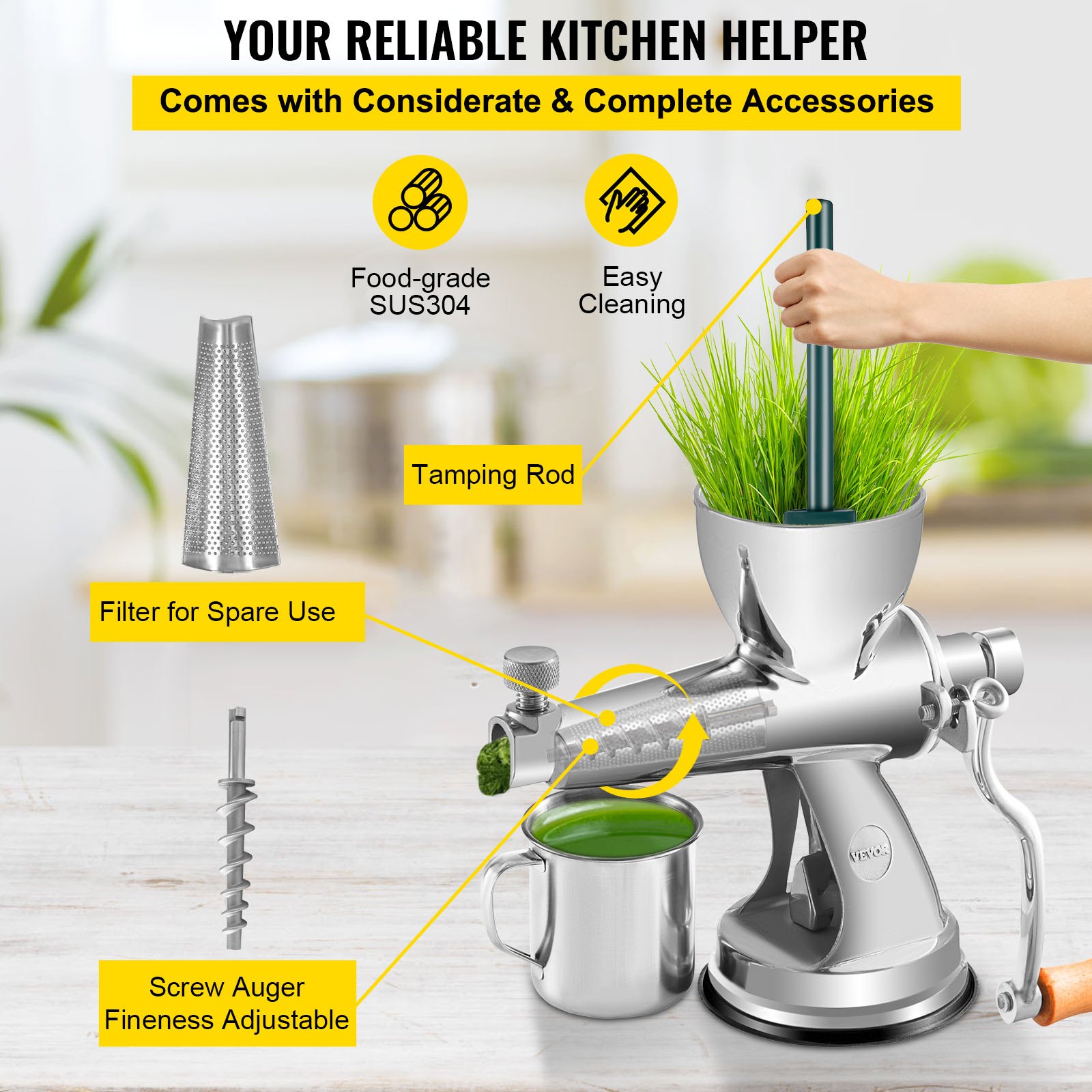 VEVOR Exprimidor Manual de Hierba de Trigo Puerto 8,6 cm Extractor Hierba Trigo de Acero inoxidable 304 Extractor Portátil de Hierba de Trigo de Acero Inoxidable con Base de Ventosa Abrazadera de Mesa
