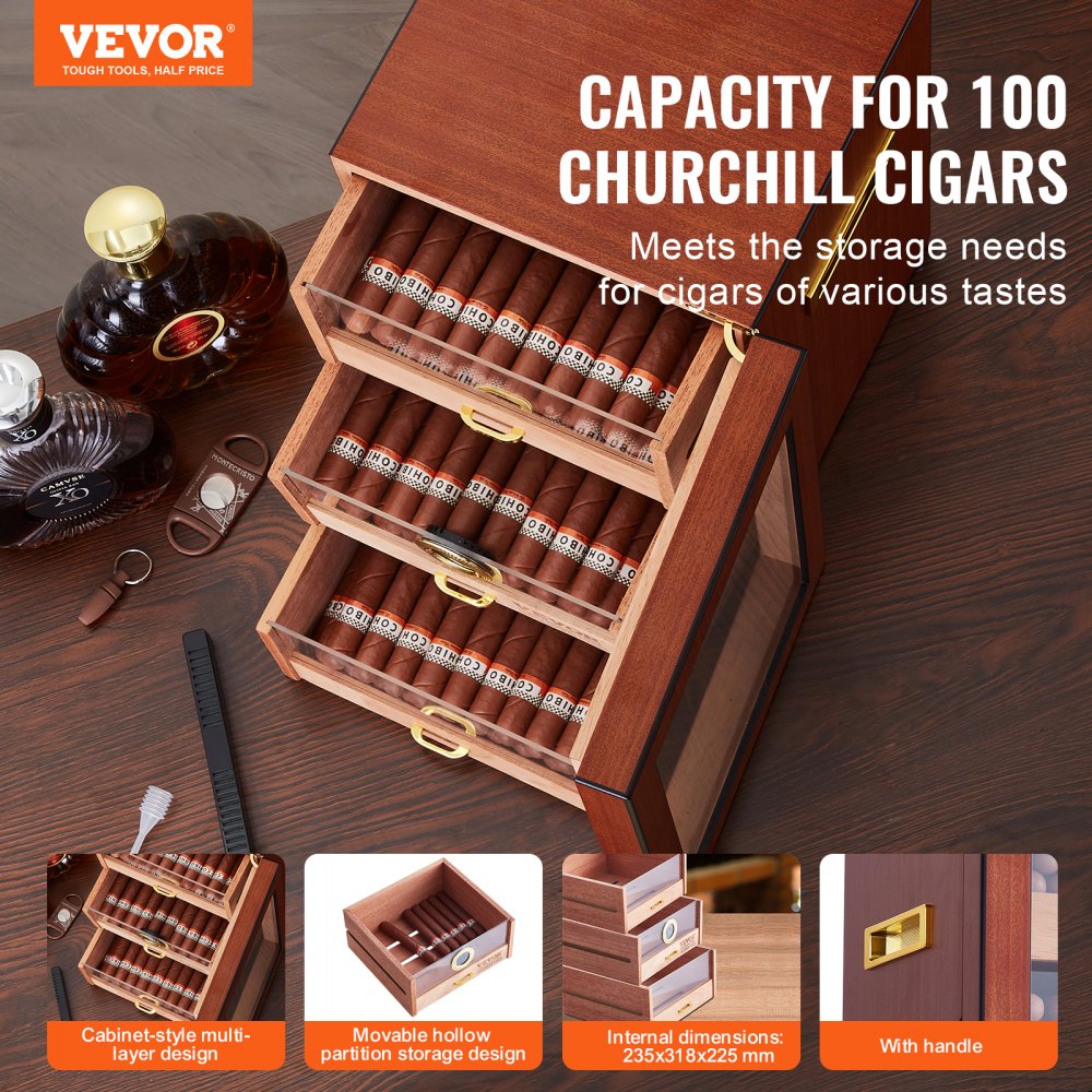 VEVOR Humidor de cigarros, humidificador de cigarros de madera de cedro español hecho a mano para 100-150 cigarros, estuche de almacenamiento de escritorio de vidrio con humidificador digital, higrómetro, estantes y mango, gran regalo para hombres