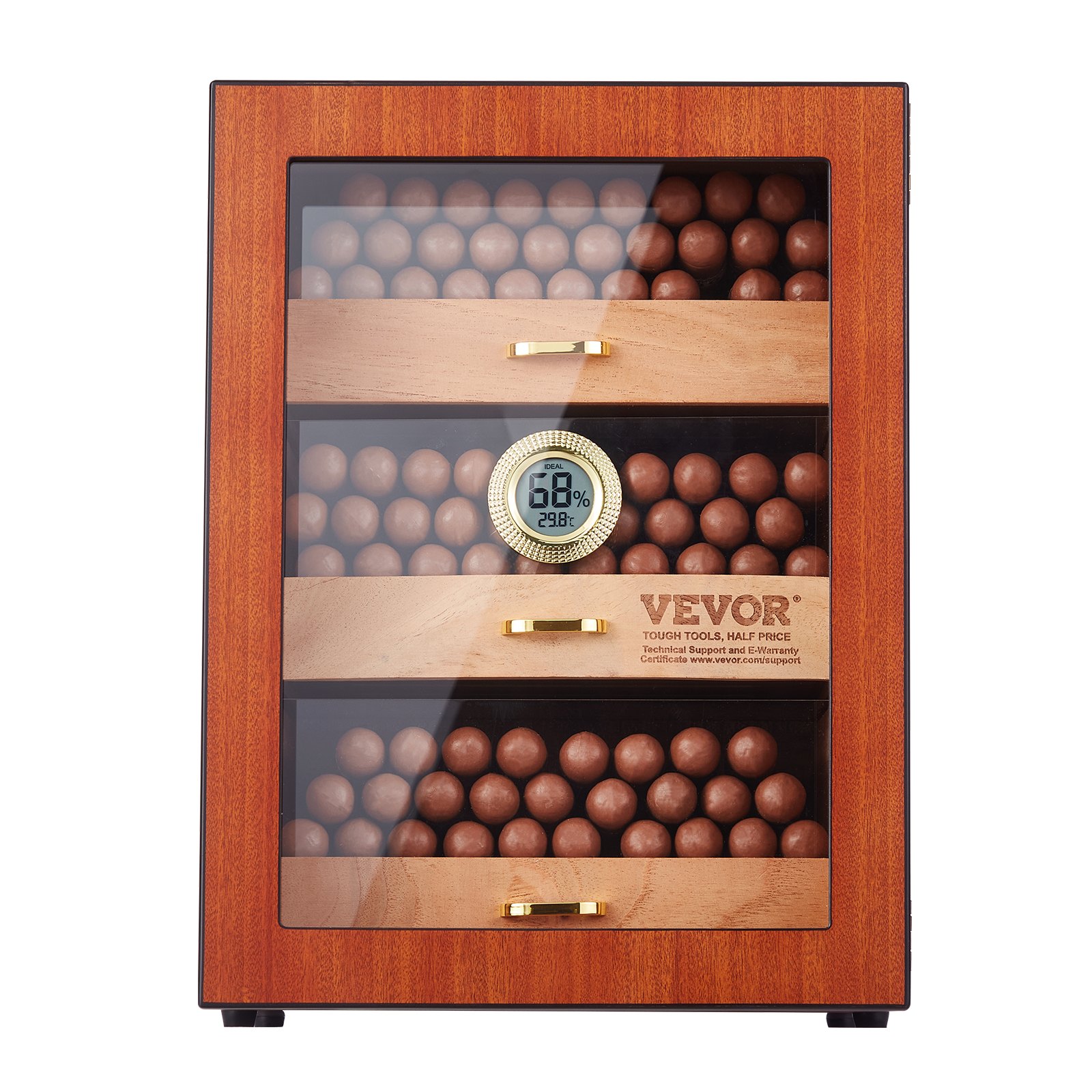 VEVOR Humidor de cigarros, humidificador de cigarros de madera de cedro español hecho a mano para 100-150 cigarros, estuche de almacenamiento de escritorio de vidrio con humidificador digital, higrómetro, estantes y mango, gran regalo para hombres
