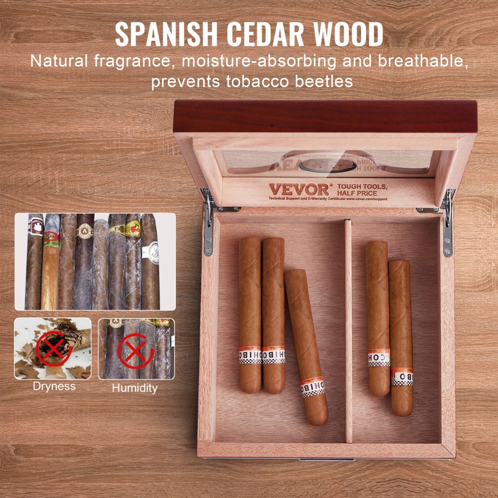 VEVOR Humidor de puros, caja de humidificador de puros con tapa de cristal, caja de escritorio hecha a mano de madera de cedro español, estuche de almacenamiento de puros con humidificador, higrómetro, divisor y cajón de accesorios, 20-35 puros