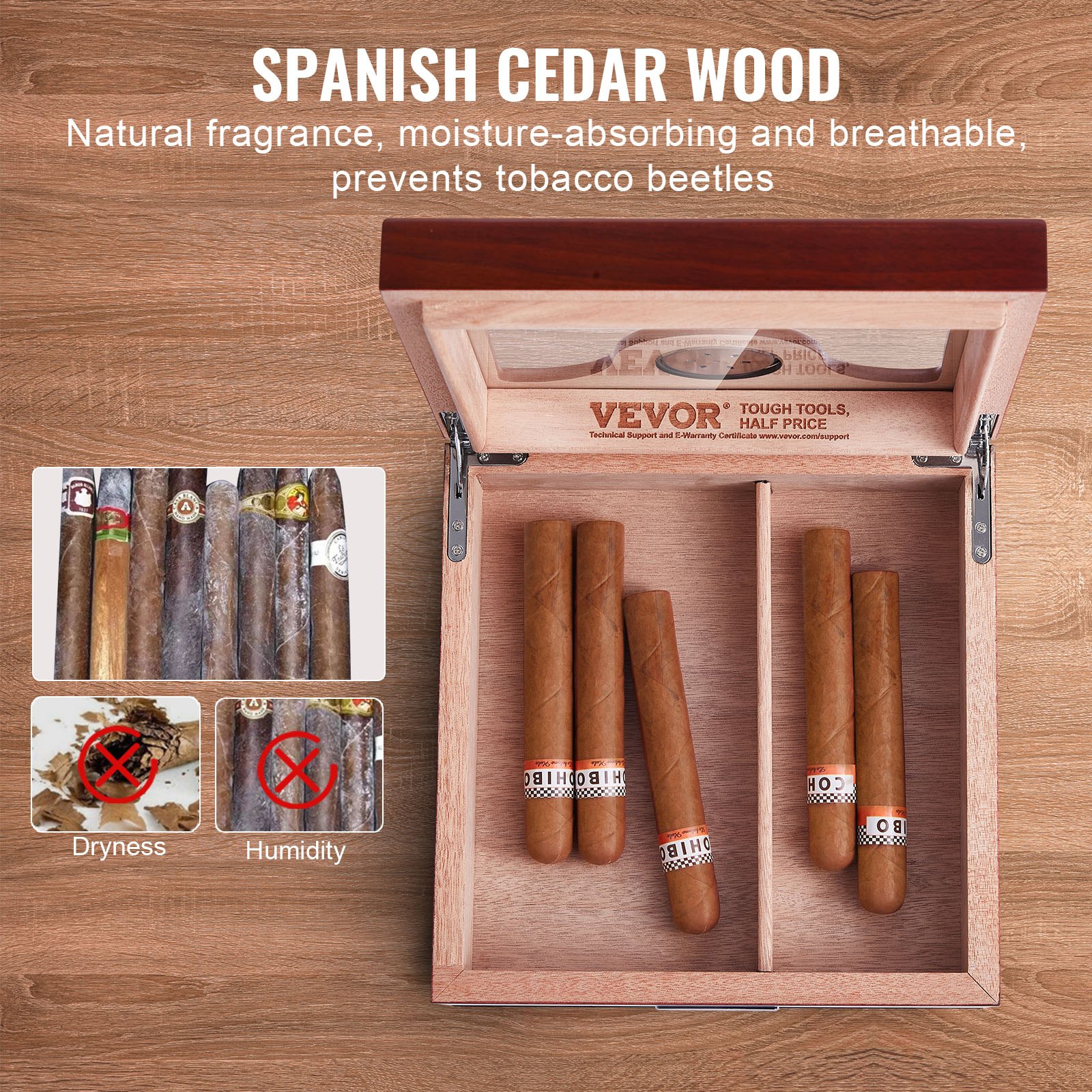 VEVOR Humidor de puros, caja de humidificador de puros con tapa de cristal, caja de escritorio hecha a mano de madera de cedro español, estuche de almacenamiento de puros con humidificador, higrómetro, divisor y cajón de accesorios, 20-35 puros
