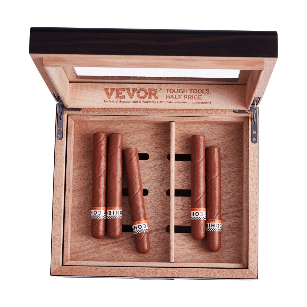 VEVOR Humidor de puros, caja de humidificador de puros con tapa de cristal, caja de escritorio hecha a mano de madera de cedro español, estuche de almacenamiento de puros con humidificador, higrómetro, divisor y cajón de accesorios, 30-50 puros