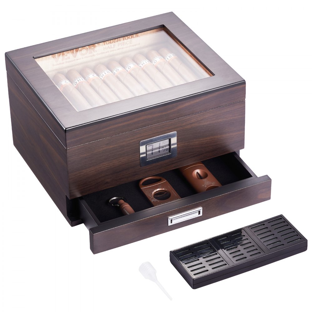 VEVOR Humidor de puros, caja de humidificador de puros con tapa de cristal, caja de escritorio hecha a mano de madera de cedro español, estuche de almacenamiento de puros con humidificador, higrómetro, divisor y cajón de accesorios, 30-50 puros