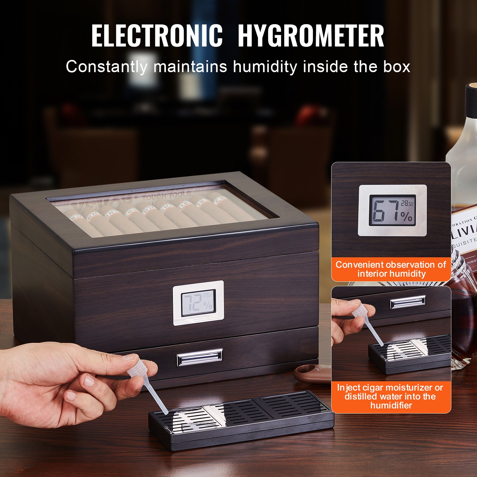 VEVOR Humidor de puros, caja de humidificador de puros con tapa de cristal, caja de escritorio hecha a mano de madera de cedro español, estuche de almacenamiento de puros con humidificador, higrómetro, divisor y cajón de accesorios, 30-50 puros