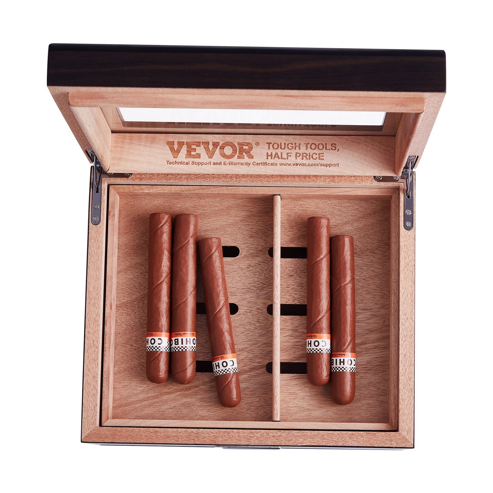 VEVOR Humidor de puros, caja de humidificador de puros con tapa de cristal, caja de escritorio hecha a mano de madera de cedro español, estuche de almacenamiento de puros con humidificador, higrómetro, divisor y cajón de accesorios, 30-50 puros