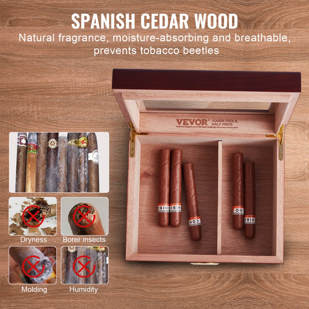 VEVOR Humidor de puros, caja de humidificador de puros con tapa de cristal, caja de escritorio de madera de cedro español hecha a mano, estuche de almacenamiento de puros con humidificador, higrómetro y divisor, 30-50 puros, gran regalo para hombres