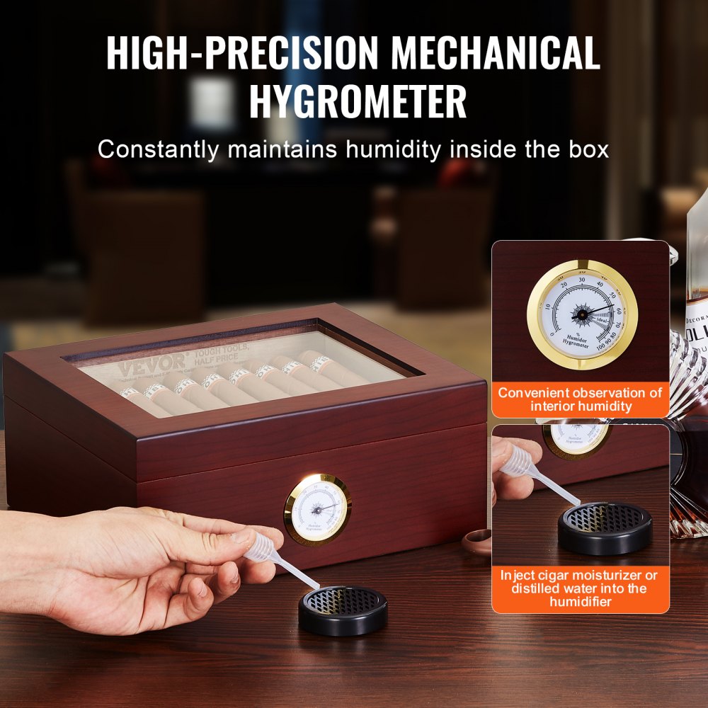 VEVOR Humidor de puros, caja de humidificador de puros con tapa de cristal, caja de escritorio de madera de cedro español hecha a mano, estuche de almacenamiento de puros con humidificador, higrómetro y divisor, 30-50 puros, gran regalo para hombres