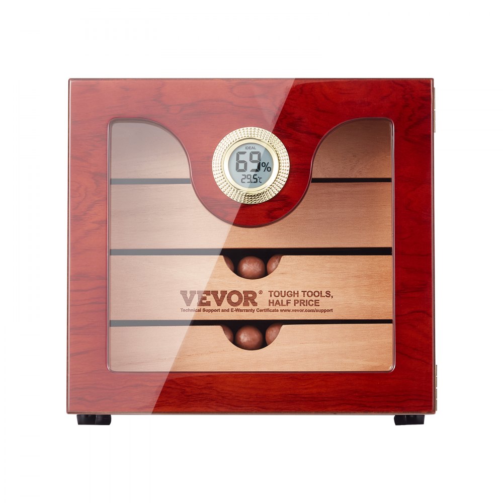 VEVOR Humidor de cigarros, humidificador de cigarros de madera de cedro español hecho a mano para 50-100 cigarros, estuche de almacenamiento de escritorio de vidrio con humidificador digital, higrómetro y estantes, gran regalo para hombres
