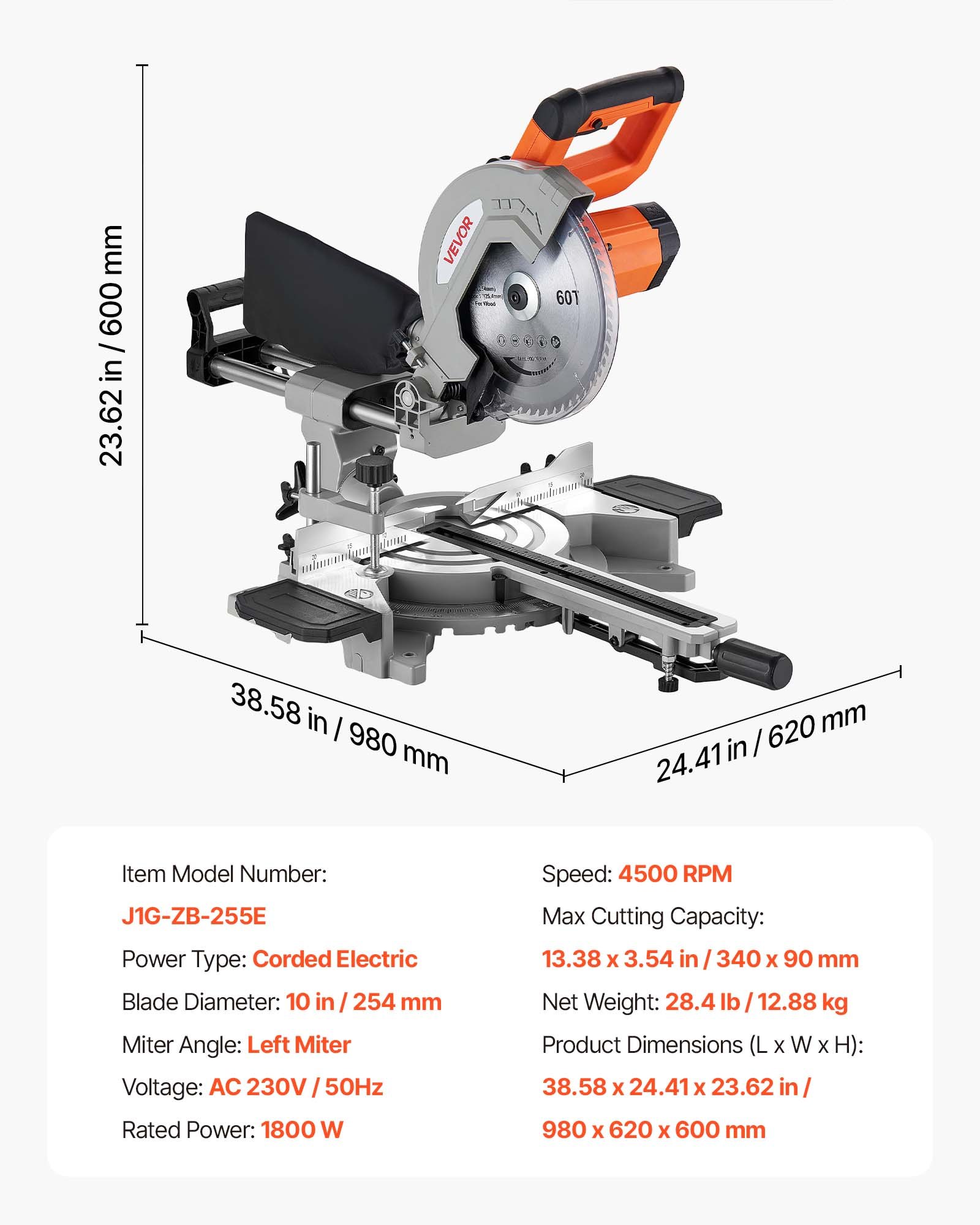 VEVOR Sierra Ingletadora Deslizante Compuesta 1800 W, Hoja de 254 mm, Ángulo y Profundidad de Corte Ajustables, Aluminio Fundido, Compacta y Pórtatil, Corte Multimaterial para Madera Metales Laminados
