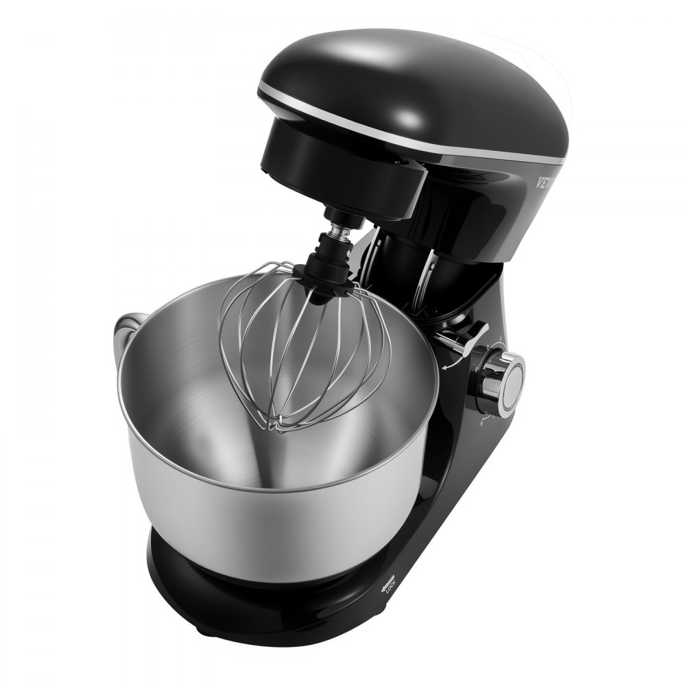 VEVOR Batidora de Masa de 5,68 L, Batidora de Alimentos con Cabezal Inclinable de 1400 W y 6 Velocidades, Tazón de Acero Inoxidable, Gancho para Masa, para Hornear, Mezclar, Negro, 456 x 240 x 332 mm
