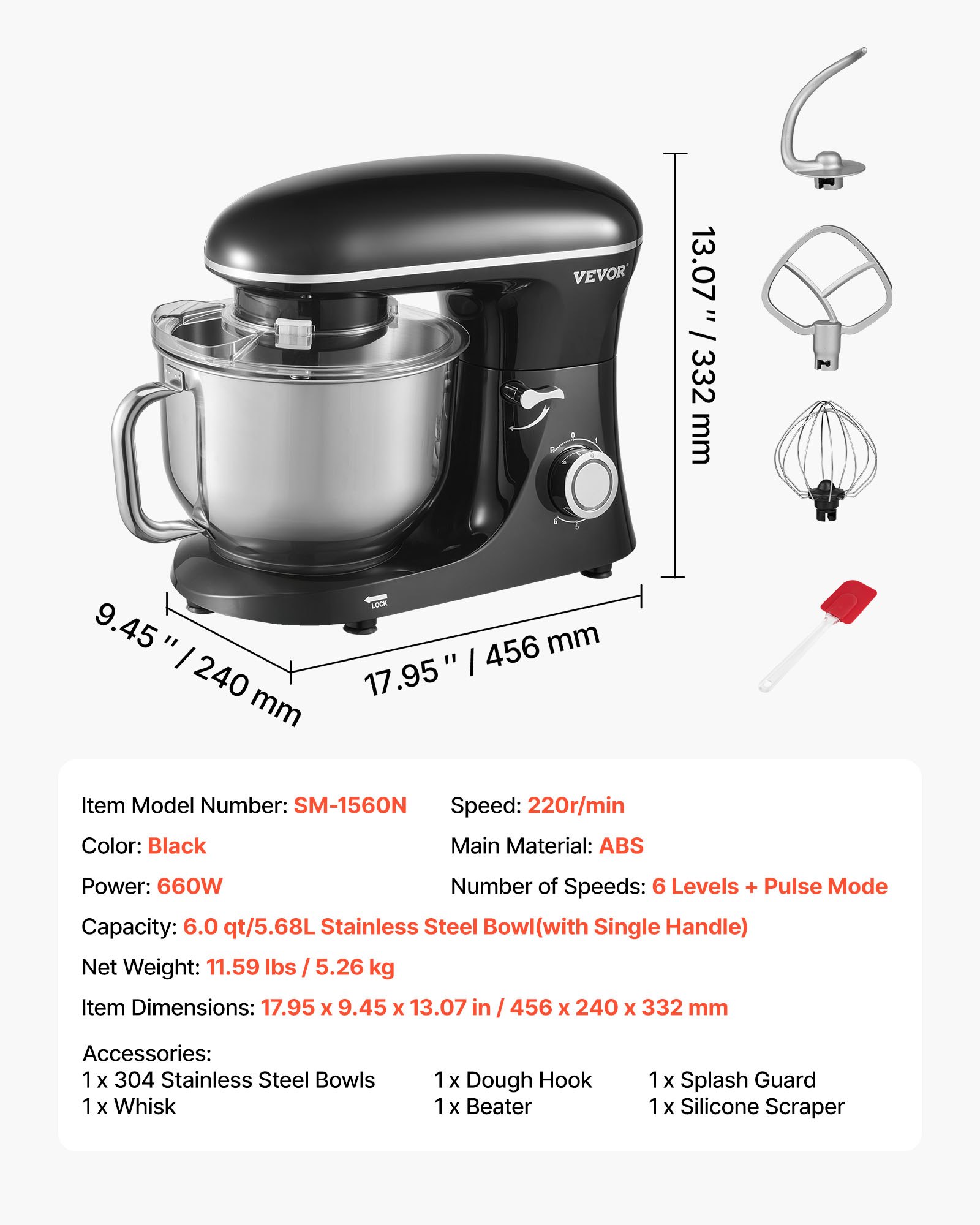 VEVOR Batidora de Masa de 5,68 L, Batidora de Alimentos con Cabezal Inclinable de 1400 W y 6 Velocidades, Tazón de Acero Inoxidable, Gancho para Masa, para Hornear, Mezclar, Negro, 456 x 240 x 332 mm