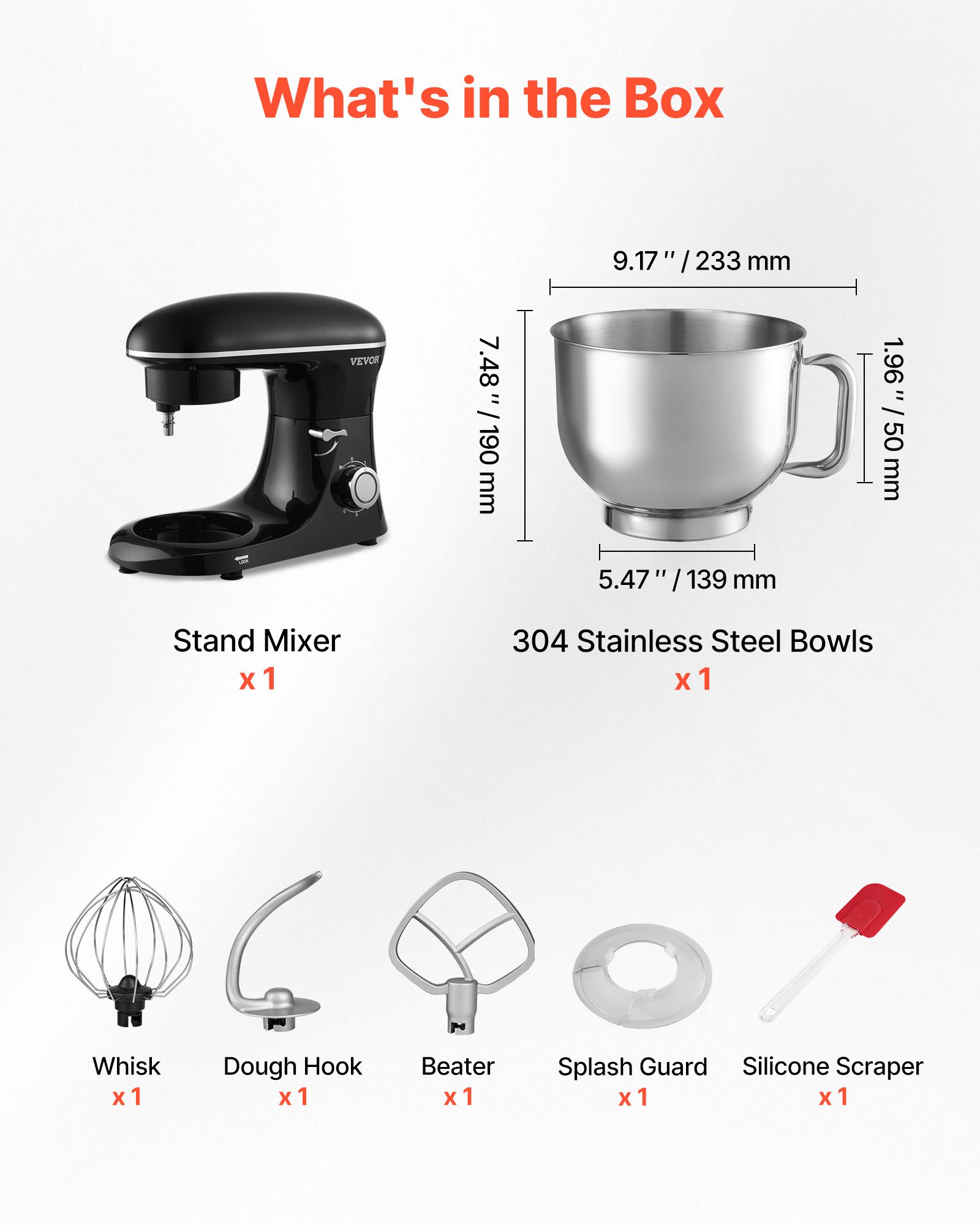 VEVOR Batidora de Masa de 5,68 L, Batidora de Alimentos con Cabezal Inclinable de 1400 W y 6 Velocidades, Tazón de Acero Inoxidable, Gancho para Masa, para Hornear, Mezclar, Negro, 456 x 240 x 332 mm