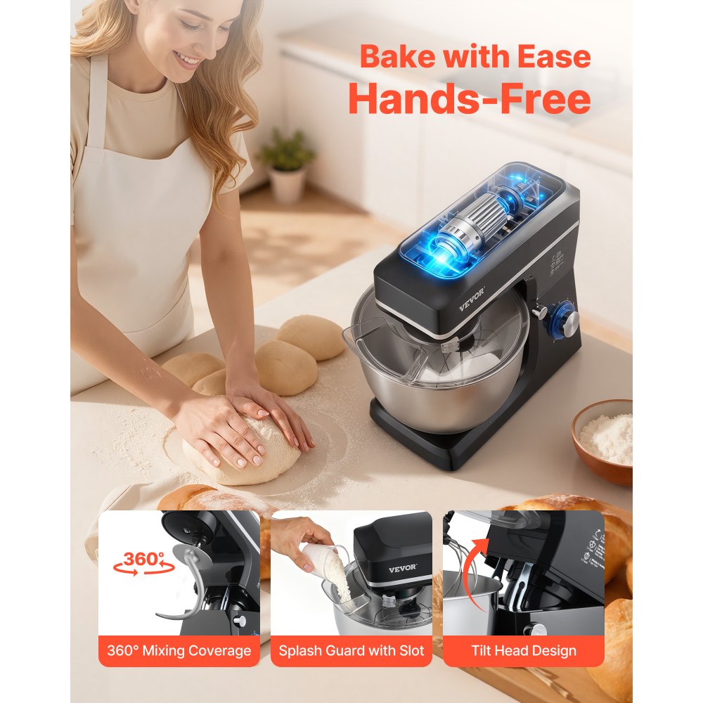 VEVOR Batidora de Masa de 7,84 L, Batidora de Alimentos con Cabezal Inclinable de 1400 W y 6 Velocidades, Tazón de Acero Inoxidable, Gancho para Masa, para Hornear y Mezclar, Negro, 450 x 268 x 362 mm