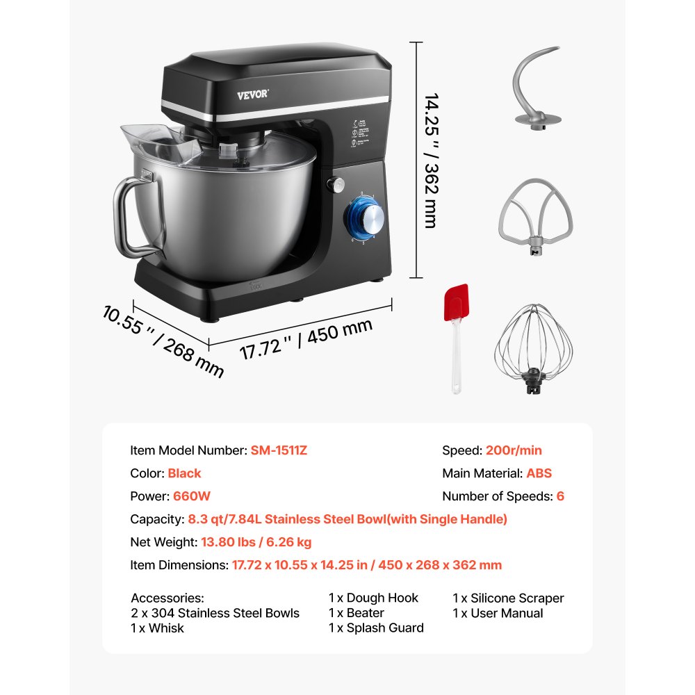 VEVOR Batidora de Masa de 7,84 L, Batidora de Alimentos con Cabezal Inclinable de 1400 W y 6 Velocidades, Tazón de Acero Inoxidable, Gancho para Masa, para Hornear y Mezclar, Negro, 450 x 268 x 362 mm