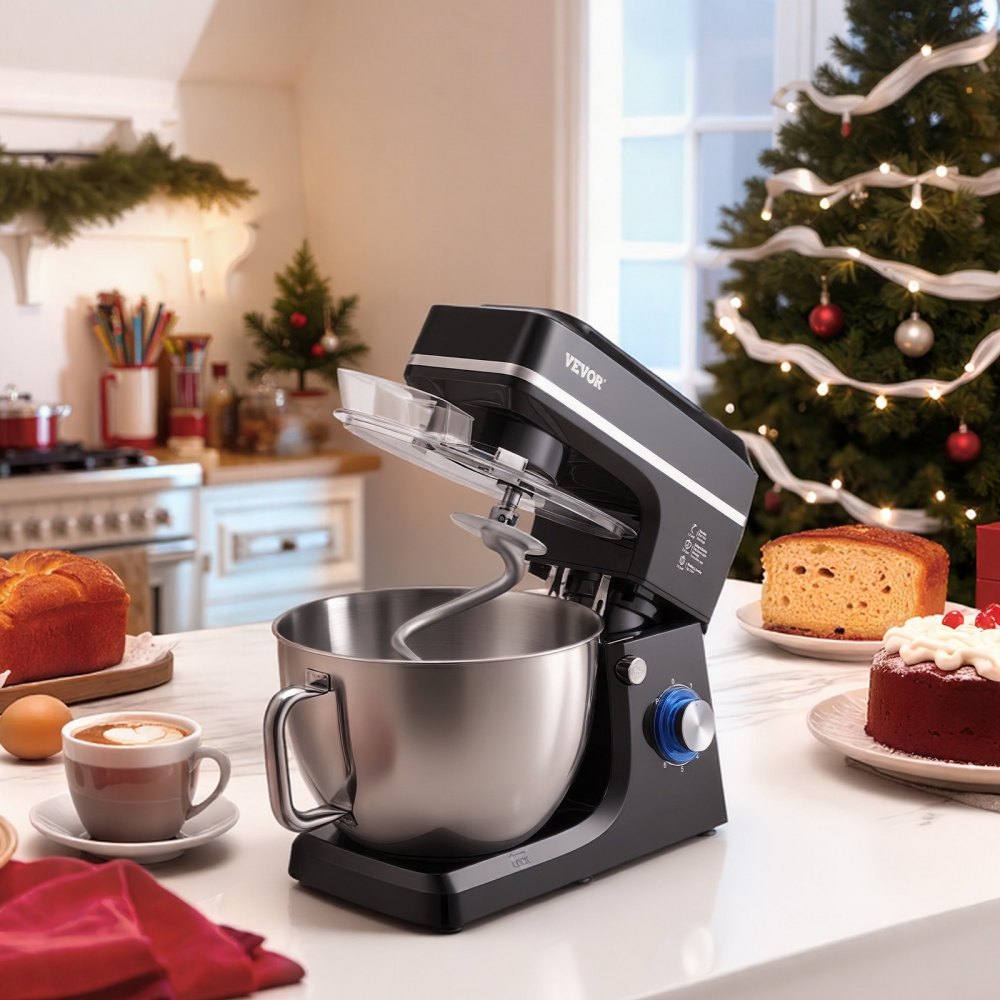 VEVOR Batidora de Masa de 7,84 L, Batidora de Alimentos con Cabezal Inclinable de 1400 W y 6 Velocidades, Tazón de Acero Inoxidable, Gancho para Masa, para Hornear y Mezclar, Negro, 450 x 268 x 362 mm